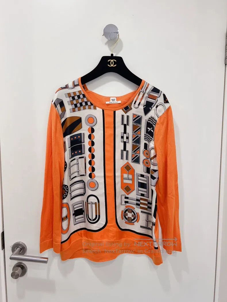 Hermes Hermes Bright Orange Silk Printed Mixed Knit Top Size XS / US 0-2 / IT 36-38 - 1 Thumbnail