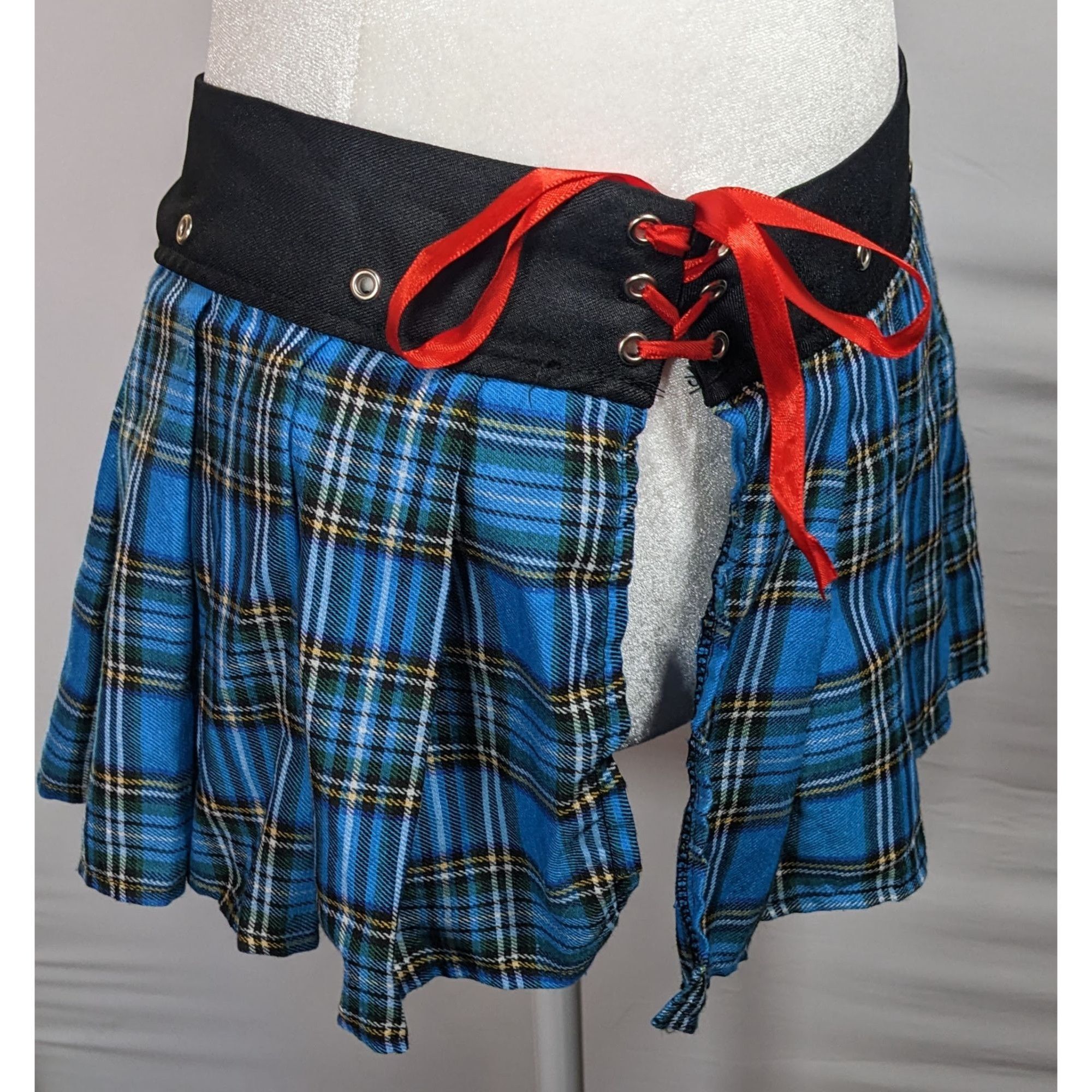 Other Gothic Punk Blue Plaid Pleated Tie On Mini Skirt Size 34" / US 12 / IT 48 - 5 Thumbnail