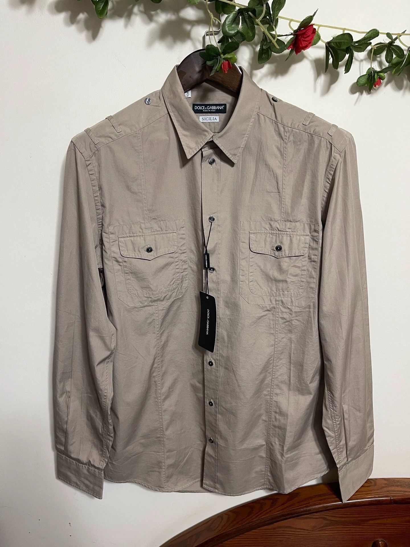 Dolce & Gabbana Dolce & Gabbana Military Slim Khaki Cotton Shirt 40/41 Size US M / EU 48-50 / 2 - 1 Thumbnail