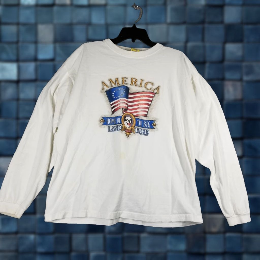 Big Dogs VINTAGE Big Dogs Shirt Mens Large White Long Sleeve Patriotic USA Flag 90s Graphic Print Crew Neck Men L Size US L / EU 52-54 / 3 - 1 Thumbnail