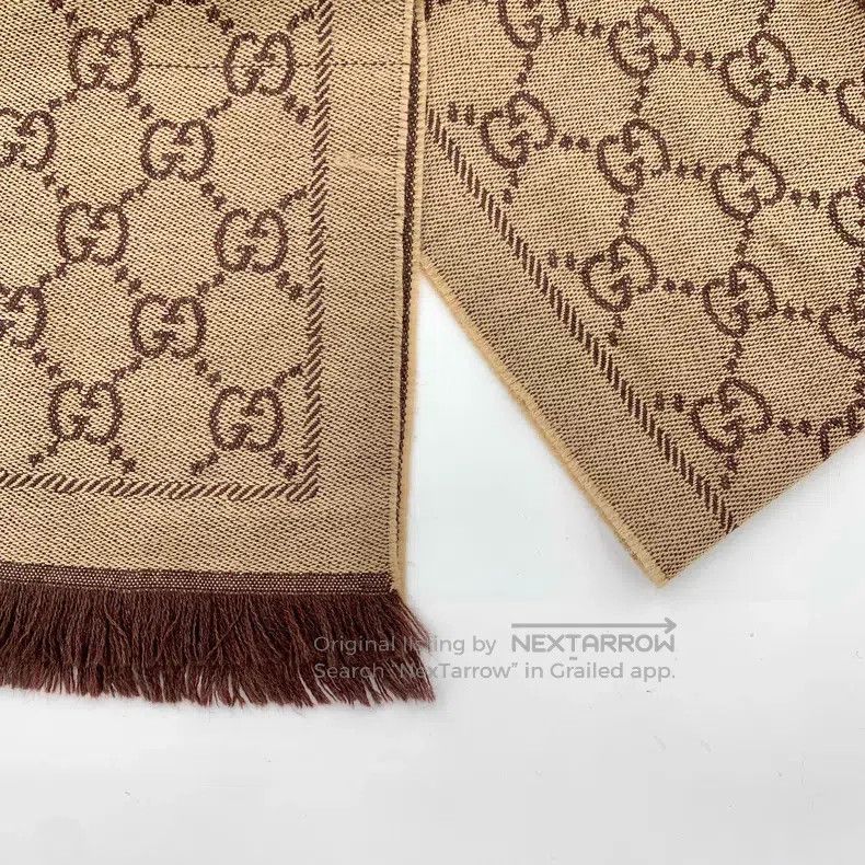 Gucci Gucci Brown logo jacquard full print wool tassel scarf Size ONE SIZE - 5 Thumbnail