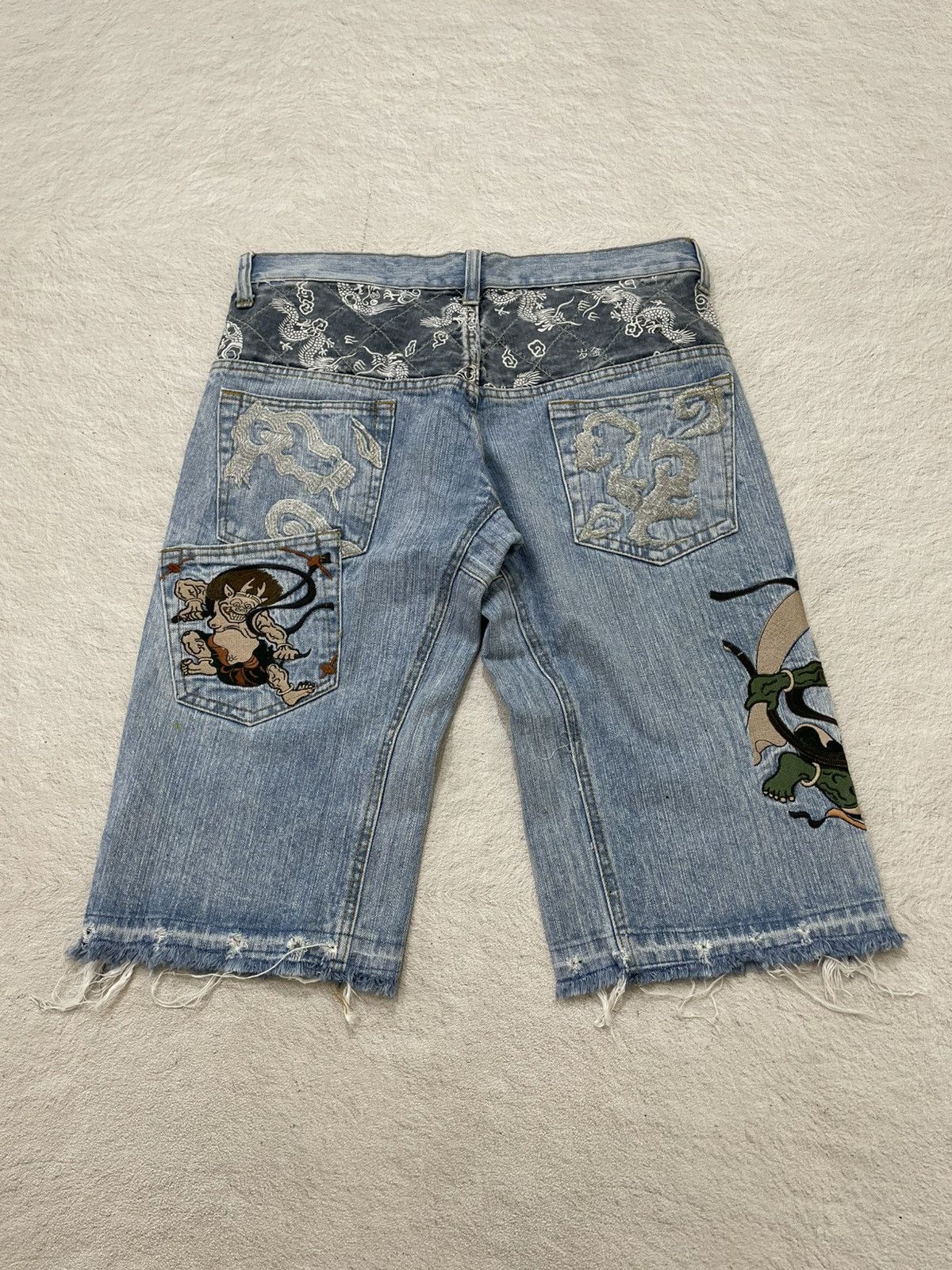 Japanese Brand Kara Kuri Japanes Embroidered Denim Y2K Oni Raijin Patchwork Size US 33 - 7 Thumbnail