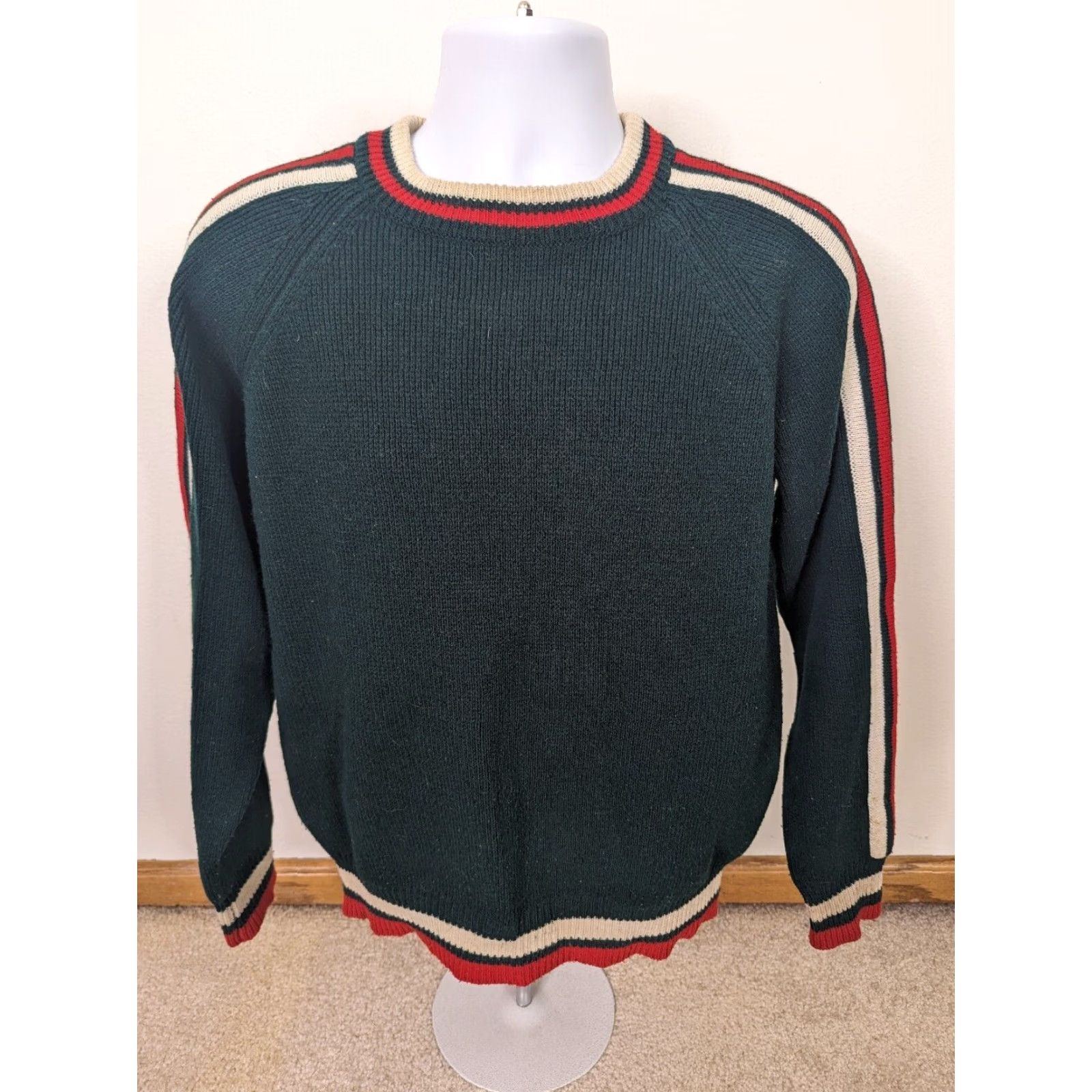 Vintage VINTAGE Royalty Striped Sweater Mens M Green Raglan 80s Pullover Lined Acrylic Fleece Sports Size US M / EU 48-50 / 2 - 2 Thumbnail