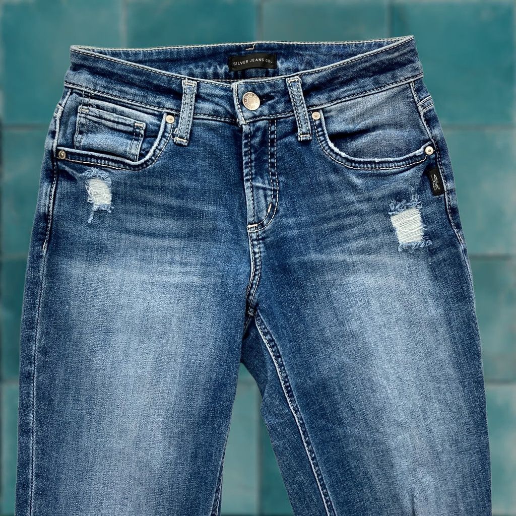 Silver Jeans Co. Silver Jeans Women's Boyfriend Blue Stretch Denim Distressed Grunge Rock 27x29 Jeans Size 26" / US 2 / IT 38 - 1 Thumbnail
