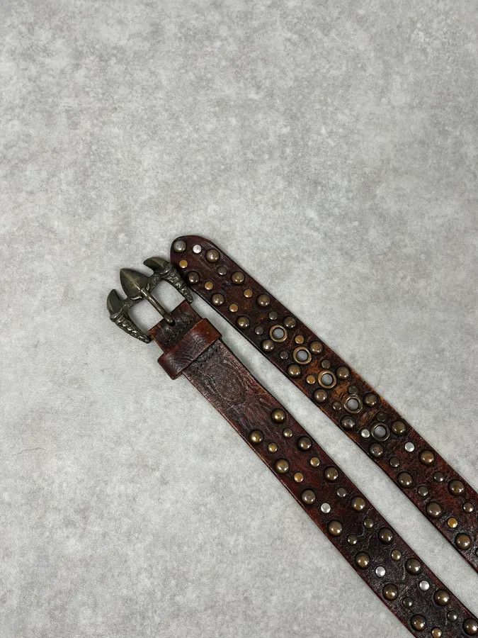 Roberto Cavalli 2000s Cavalli Dragon Claw Buckle Brown Studded Leather Belt Size ONE SIZE - 4 Thumbnail