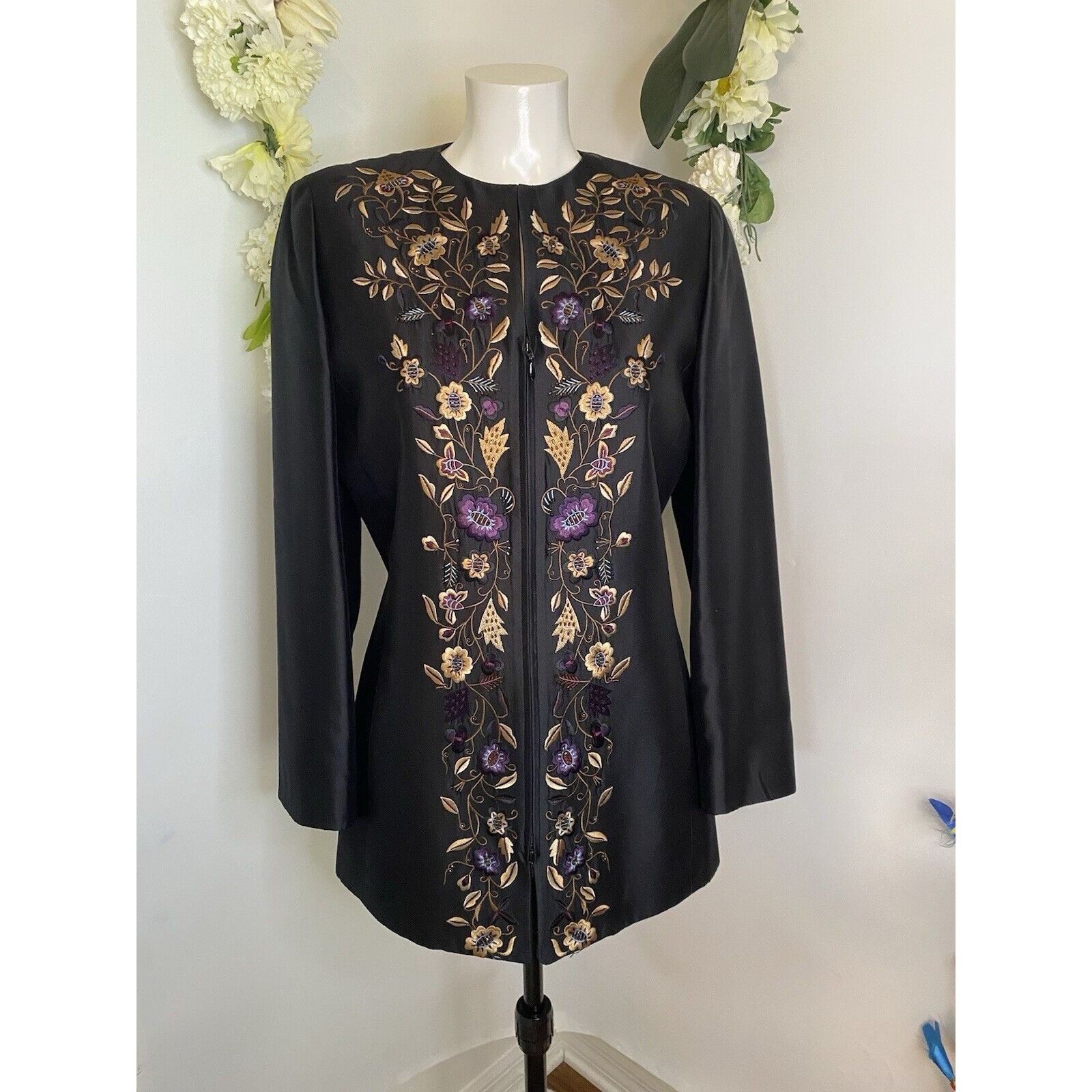 Vintage Dana Buchman Vintage Silk Jacket Long 90s Floral Embroidered Size S / US 4 / IT 40 - 19 Thumbnail