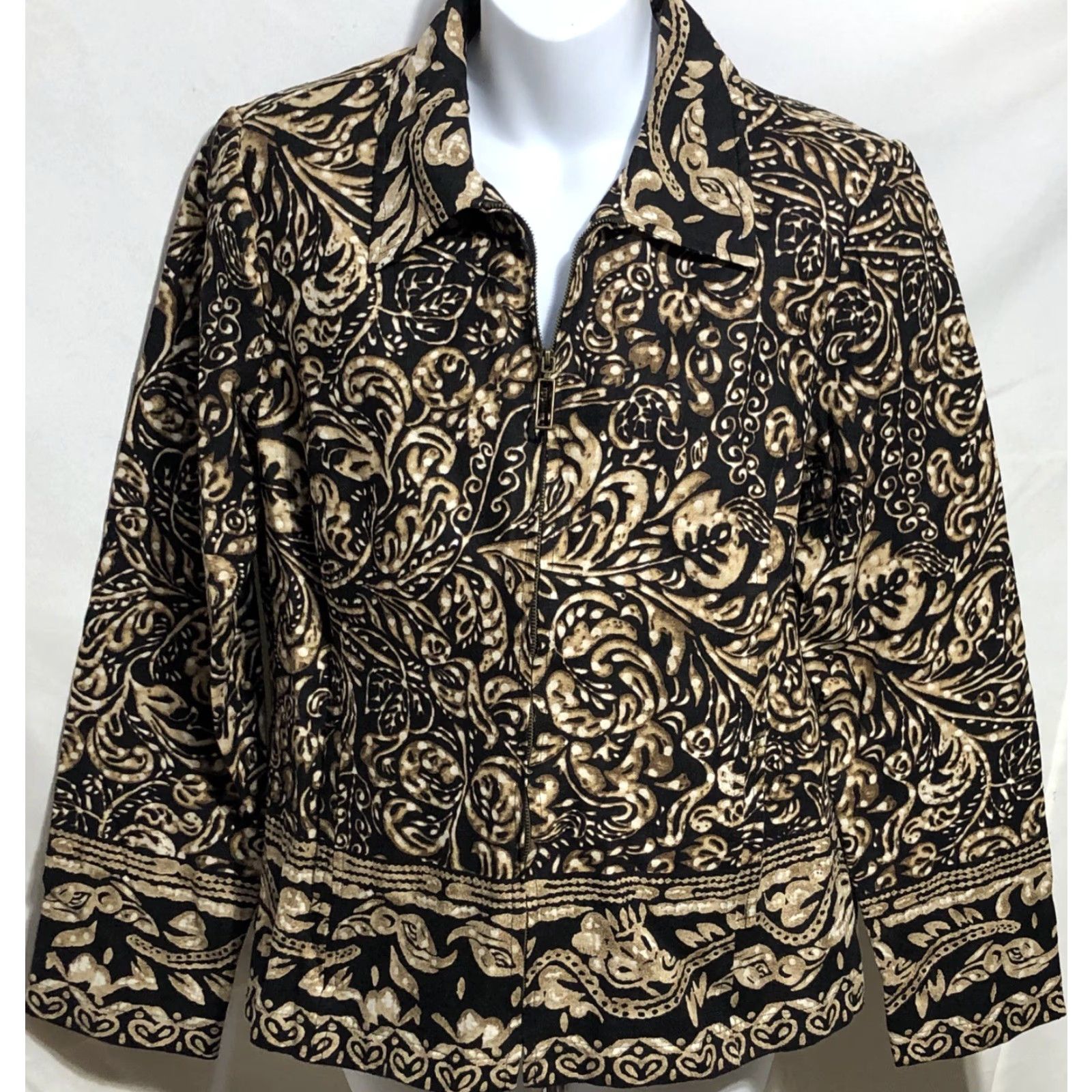 Vintage RQT Linen Jacket Size 10 Blk Gold Geo Zipper Front Long Sleeve Lined Collar Jacket Womens 10 Blk Geometric Geo Size L / US 10 / IT 46 - 6 Thumbnail
