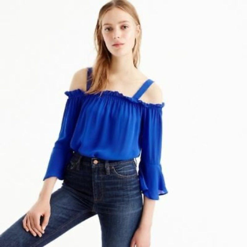 J.Crew J. Crew Blue Silk Ruffle Silk Cold Shoulder Blouse Size XS / US 0-2 / IT 36-38 - 1 Thumbnail
