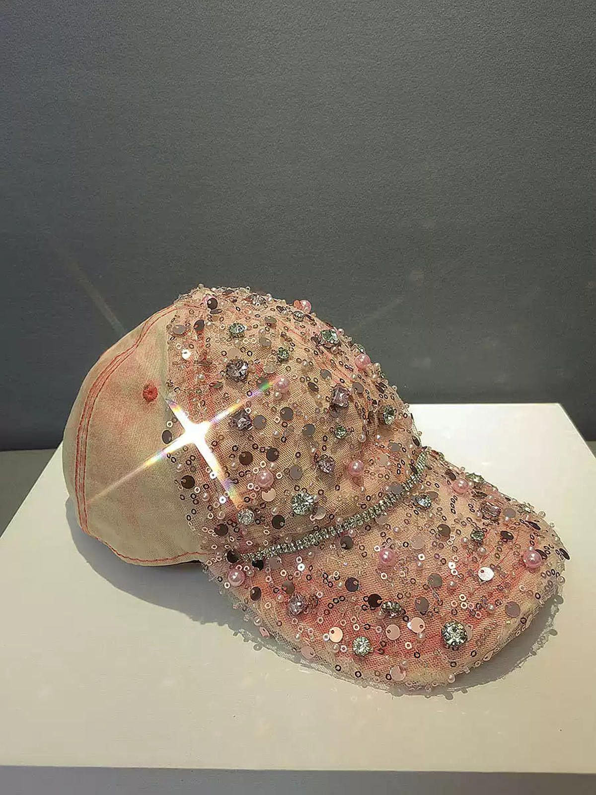 Japanese Brand Pink Embellished Sequin Baseball Cap, Women's Hat Size ONE SIZE - 4 Thumbnail