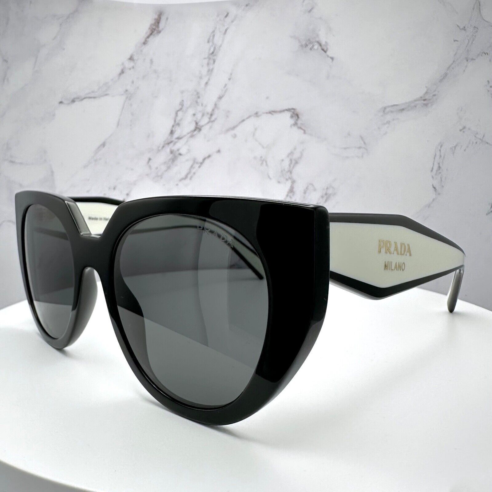 New PRADA Sunglasses Symbole Black White Gold Metallic Logo