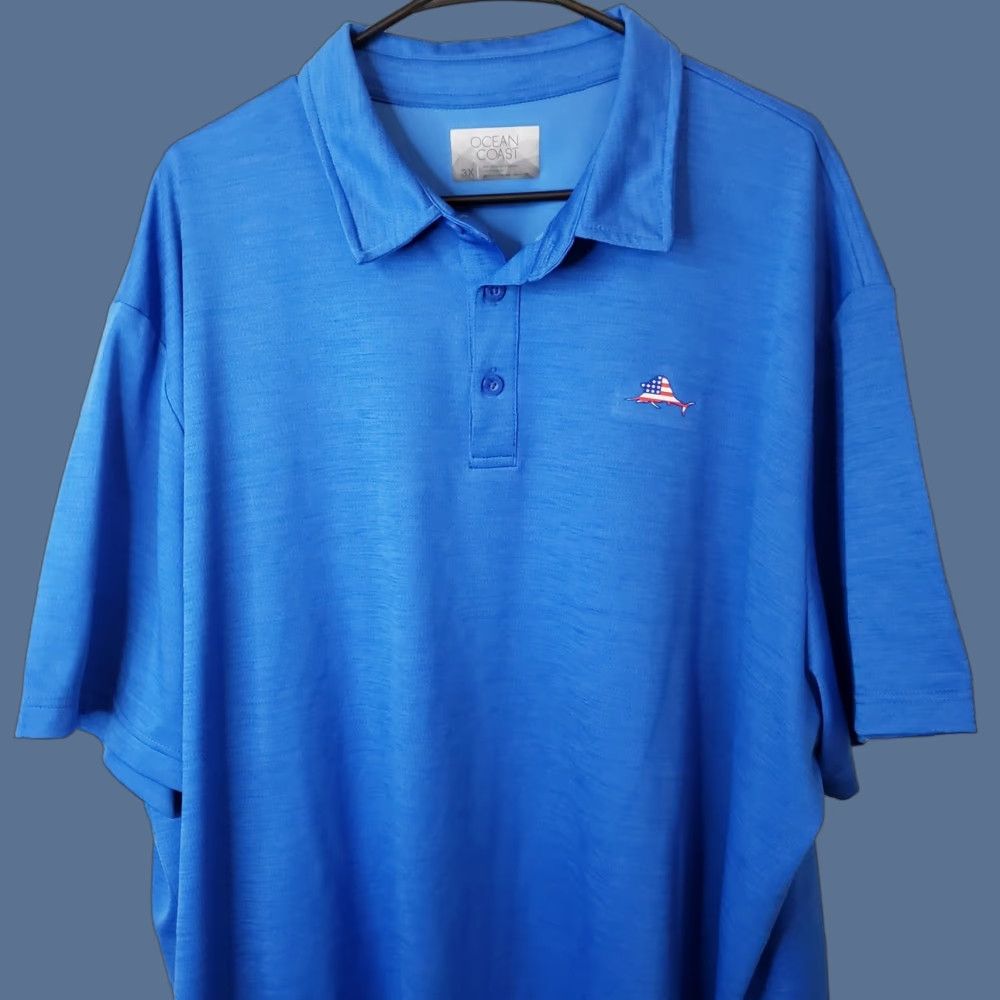 Vintage Ocean & Coast Polo Shirt Men's 3XL Blue Short Sleeve Collared Button Front Fish Logo Pattern Heathered Regular Fit Shirt Size US XXL / EU 58 / 5 - 1 Thumbnail