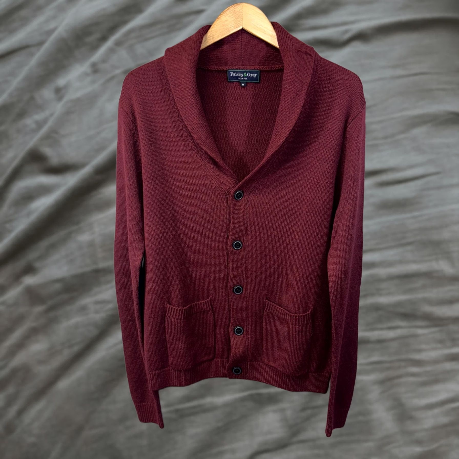 Vintage Paisley & Gray Sweater Cardigan Mens Medium Maroon Shawl Collar Elbow Patches Size US M / EU 48-50 / 2 - 1 Thumbnail