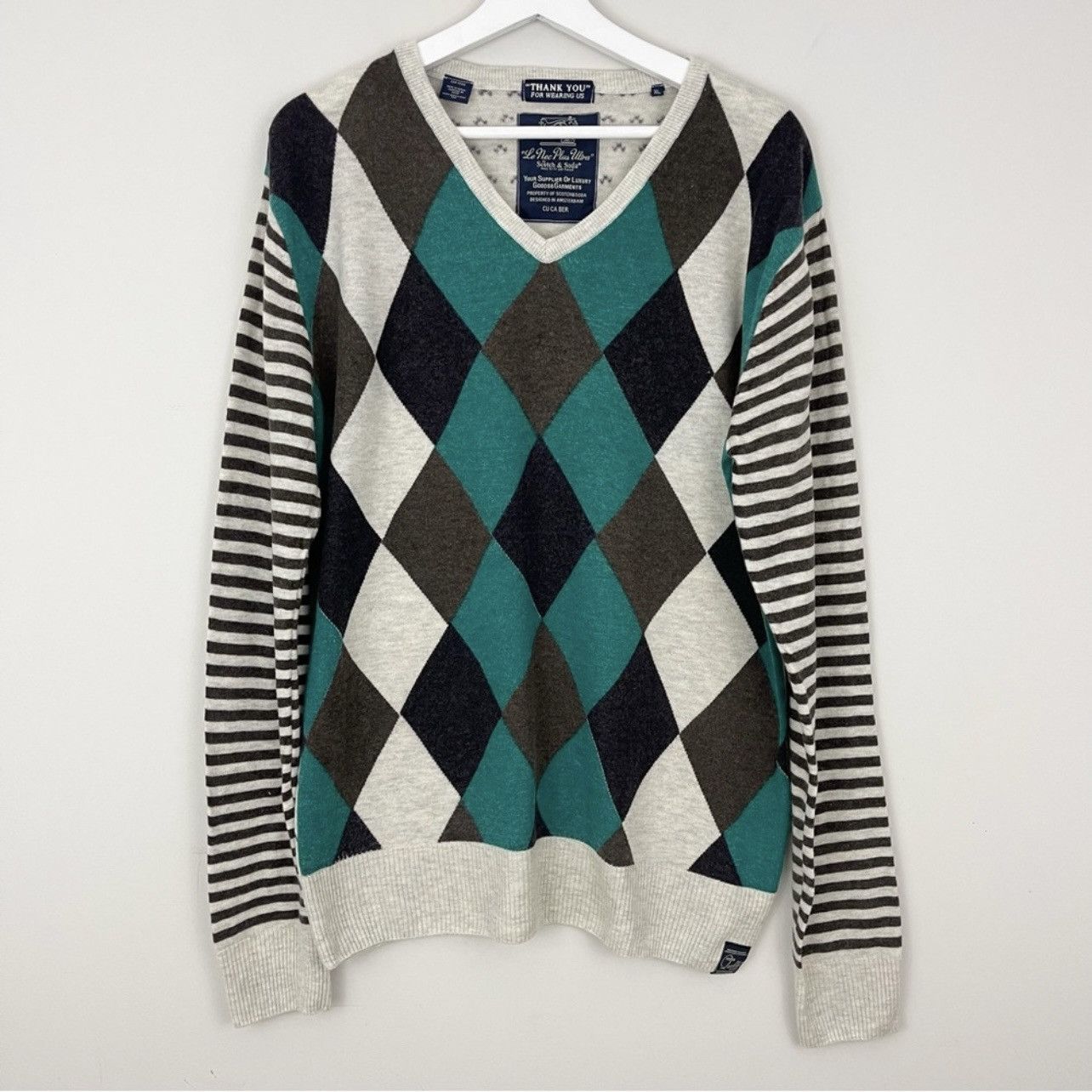 Scotch & Soda Scotch & Soda V-Neck Mixed Print Wool Blend Sweater Size US XL / EU 56 / 4 - 1 Thumbnail
