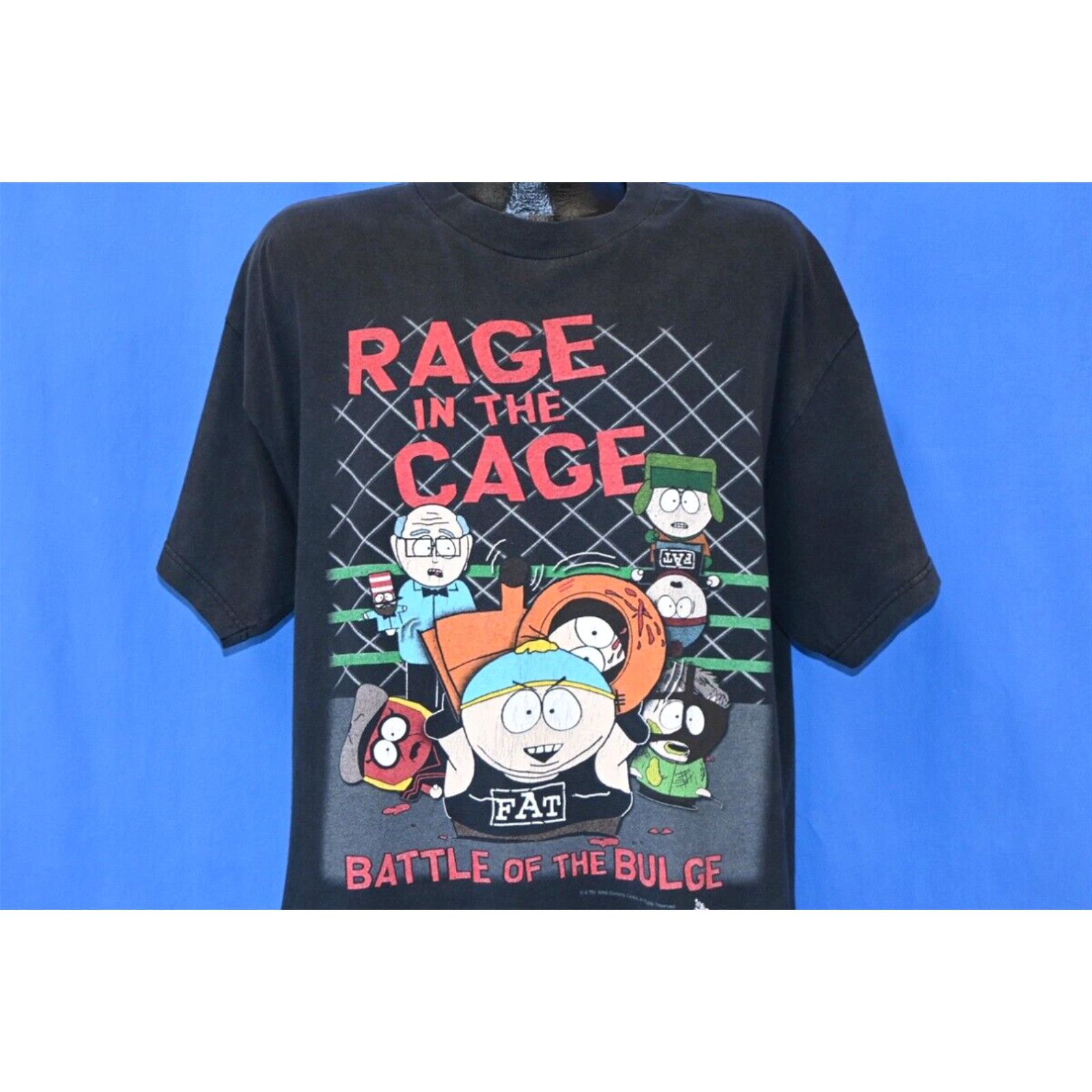 image of Vintage 90's South Park Rage In The Cage Battle Of The Bulge Comedy T-Shirt XL in White, Men's