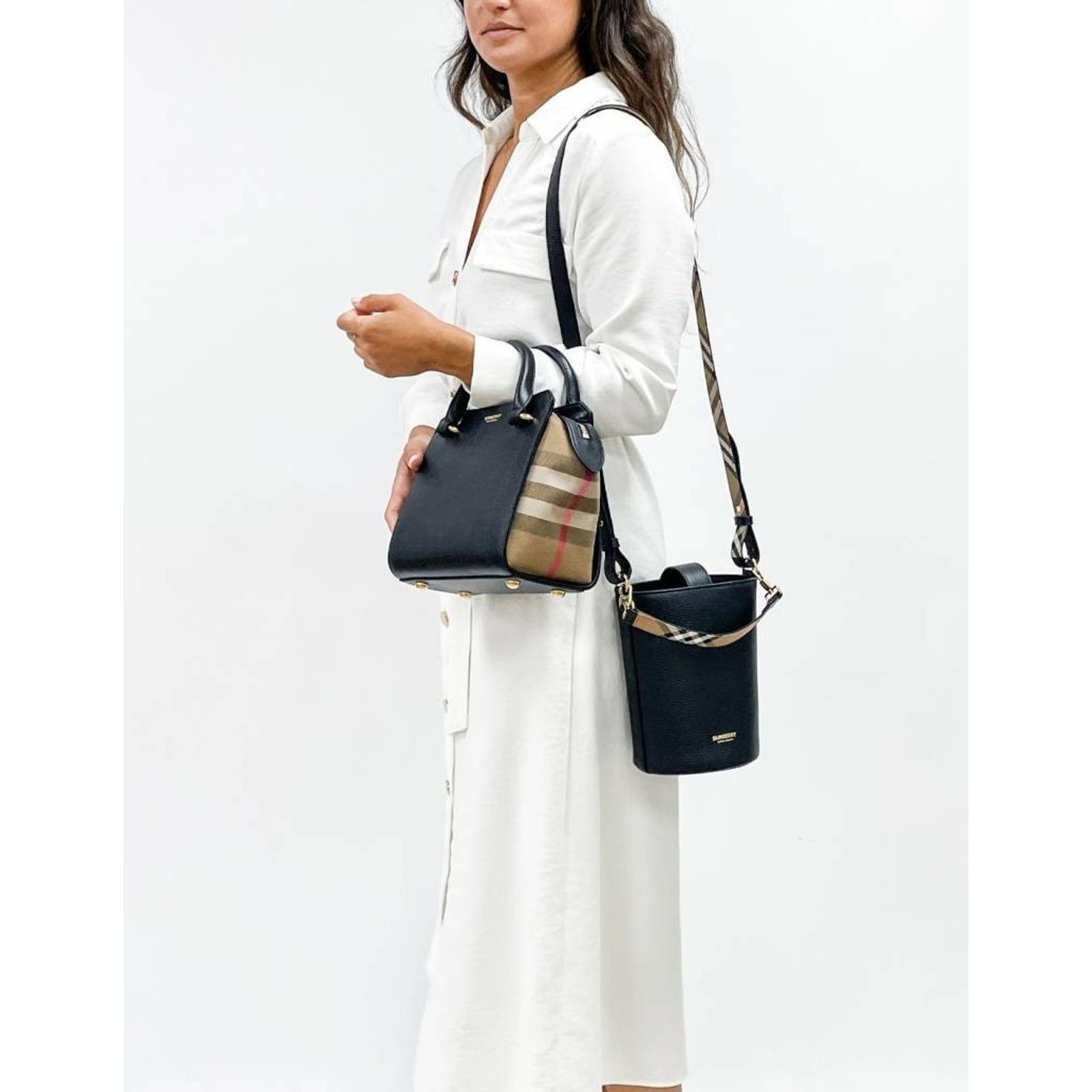 Burberry BURBERRY BANWELL BLACK LEATHER CHECK CANVAS HOULDER BAG $2K Size ONE SIZE - 2 Thumbnail