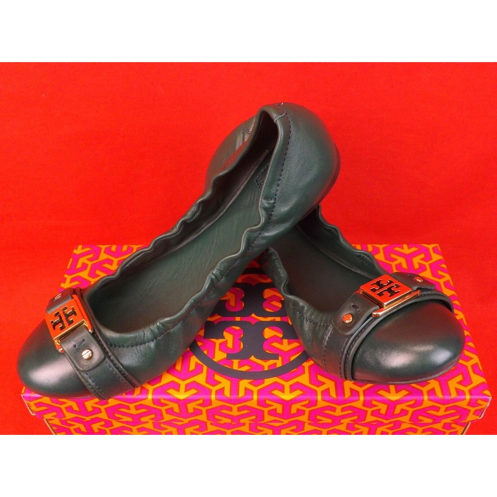 Tory Burch TORY BURCH AMBROSE DARK GREEN LEATHER GOLD REVA FLATS 7 Size US 7 / IT 37 - 6 Thumbnail
