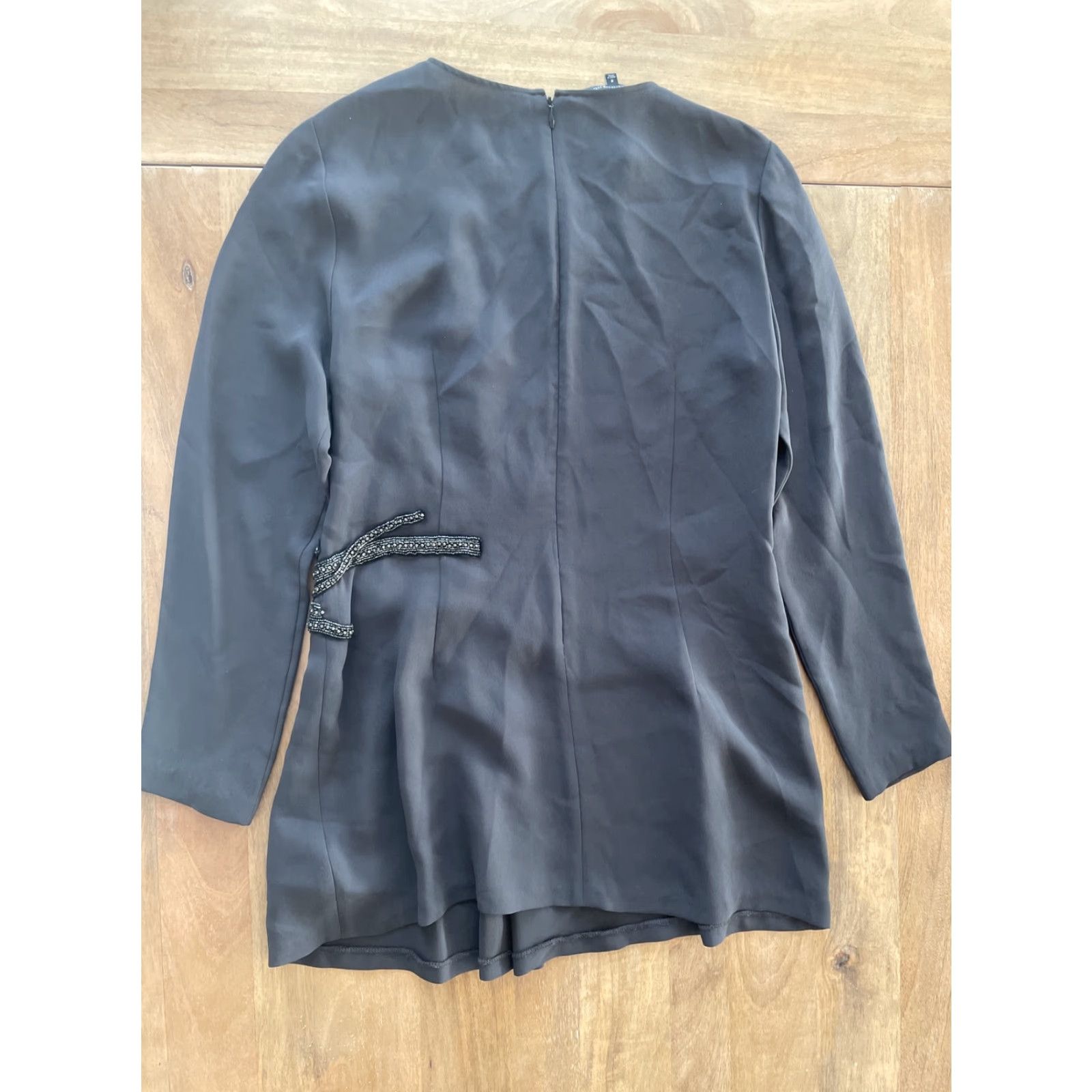 Vintage Lafayette 148 New York Silk Gray Long Sleeve Mini Dress 8 Embroidered Rhinestones Size M / US 6-8 / IT 42-44 - 2 Thumbnail