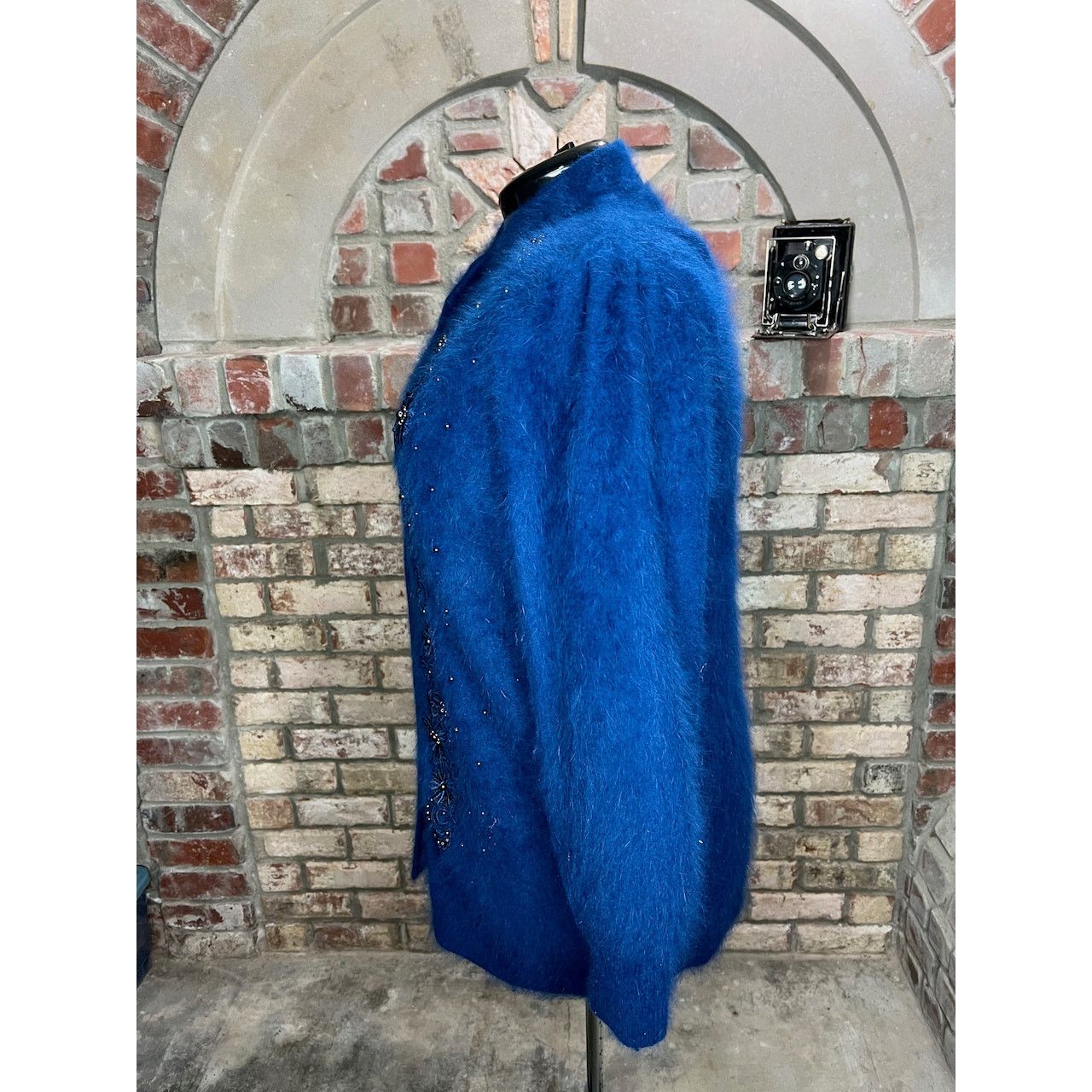 Vintage sweater coat fuzzy beaded sequin flower angora blue Size US XL / EU 56 / 4 - 7 Thumbnail