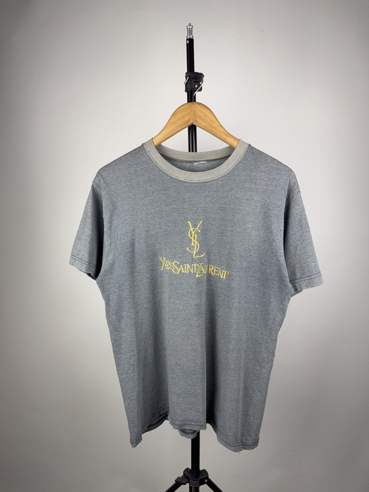Vintage YSL Inspired 90s Vintage Embroidered Logo Tee Faded Gray Size US M / EU 48-50 / 2 - 1 Thumbnail