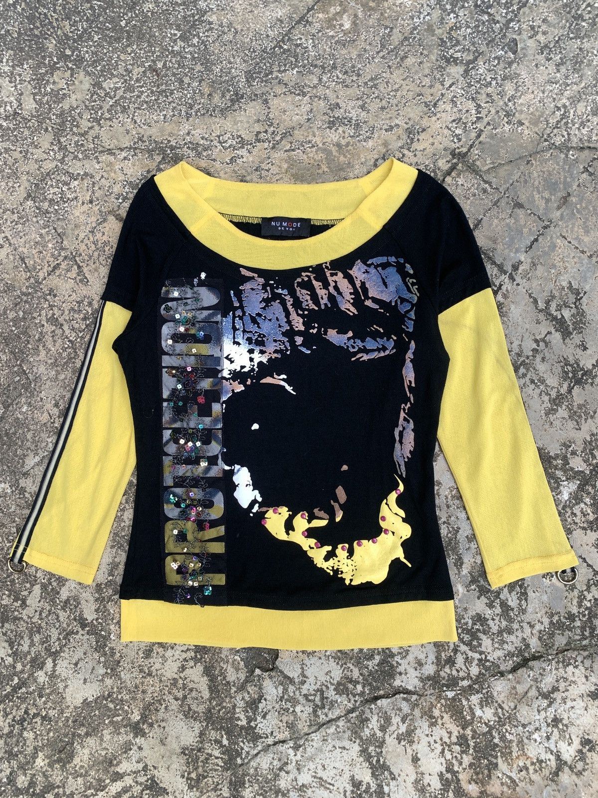 y2k NU Mode De Toi Italy Glittery Big Graphic Mesh Top