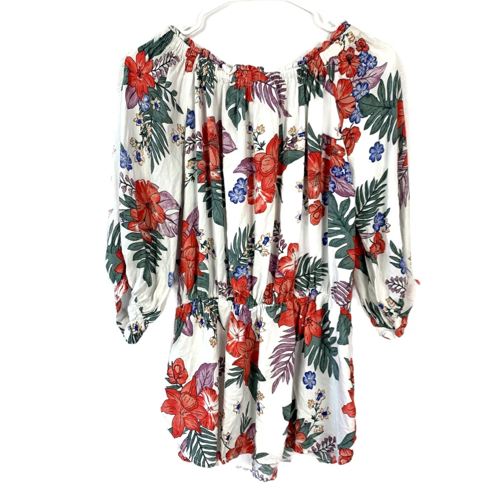 Vintage Joss Swimwear Women's M Off the Shoulder Floral Tropical Rayon Mini Dress Tunic Top, Elastic Waist, 3/4 Balloon Sleeves, White Size M / US 6-8 / IT 42-44 - 6 Thumbnail