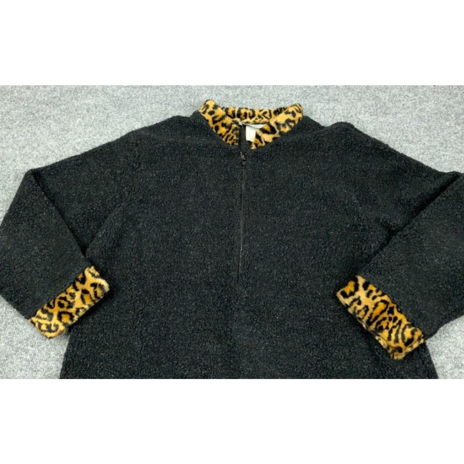 Etro VINTAGE 90s Leopard Trim Fleece Jacket Women's Medium Black 1/2 Zip USA Made Boho Hipster Retro - Hampton House Tag Size M / US 6-8 / IT 42-44 - 8 Thumbnail