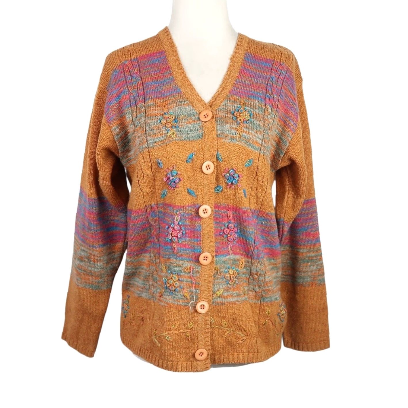 Vintage VINTAGE 90s Burnt Orange Floral Embroidered Cardigan Sweater M Women Long Sleeve Knit Acrylic Casual Bohemian Size M / US 6-8 / IT 42-44 - 2 Thumbnail