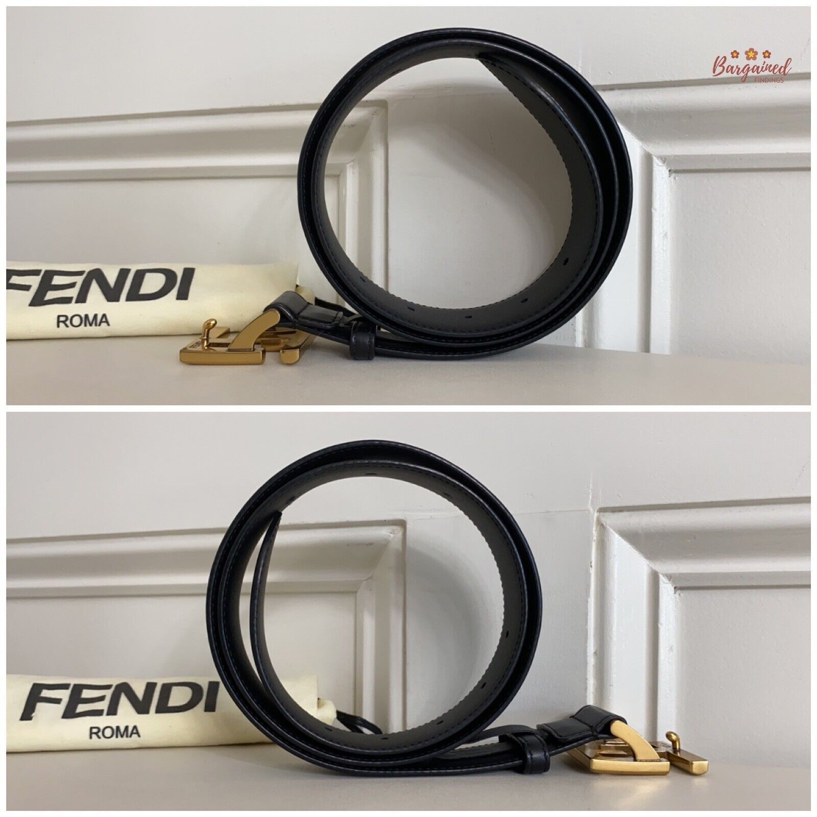 Fendi Fendi Black Calfskin Leather Gold FF Buckle Belt Size 30 - 3 Thumbnail