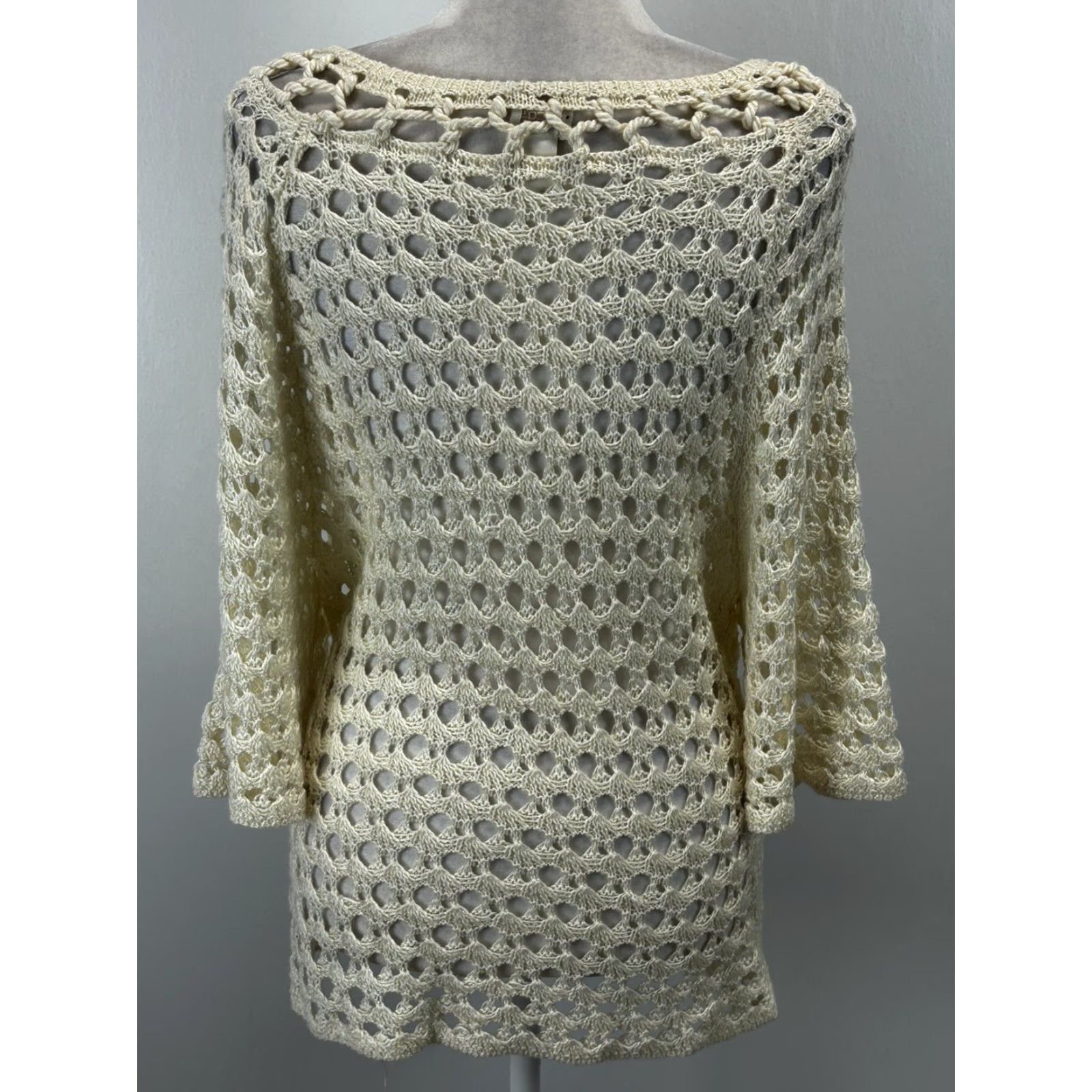Vintage Chicos Sweater Shirt Open Knit Pullover 3/4 Sleeve M Womens Ivory Cream Knit Festival Y2K Crochet Size M / US 6-8 / IT 42-44 - 3 Thumbnail