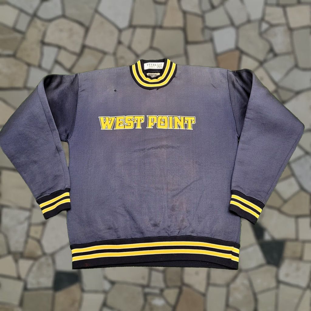 Champion VINTAGE Champion Sweatshirt M/L West-Point USA 70s 80s Military Crew Neck Pullover Navy Blue Yellow Trim Mens US Made Short Length Nylon Fleece Size US L / EU 52-54 / 3 - 1 Thumbnail