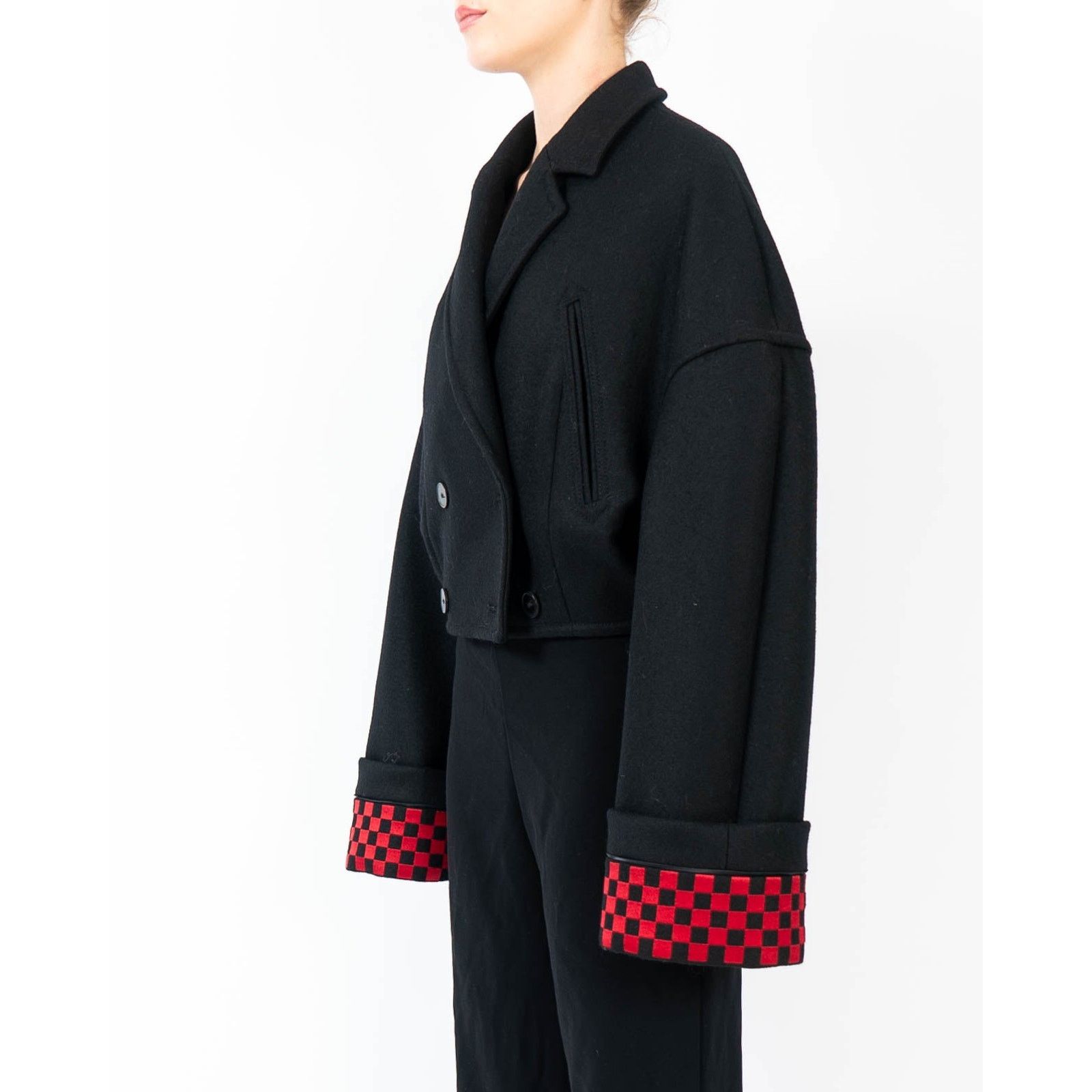 Haider Ackermann FW19 Cropped Overcoat in Black Wool with Checked Embroidery Size M / US 6-8 / IT 42-44 - 5 Thumbnail