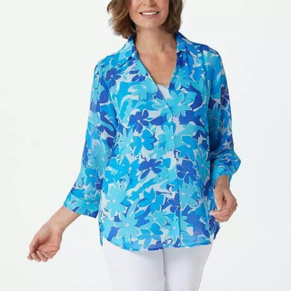 Other New Belle by Kim Gravel Floral Printed V-Neck Blue Blouse S Size XXS / US 00 / IT 34 - 1 Thumbnail