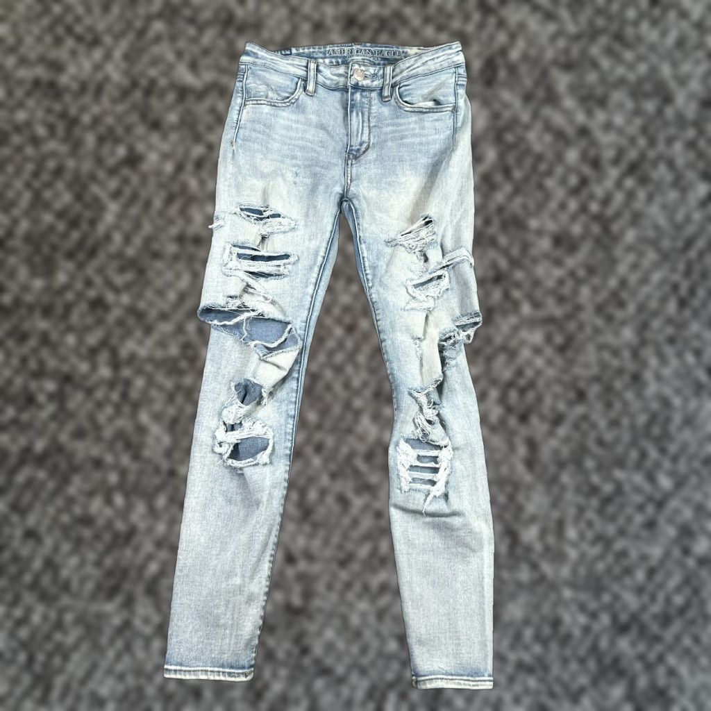 American Eagle Outfitters American Eagle Jeans Womens 4 Skinny High Rise Jegging Light Distressed Stretch Blue 4 Size 27" / US 4 / IT 40 - 1 Thumbnail