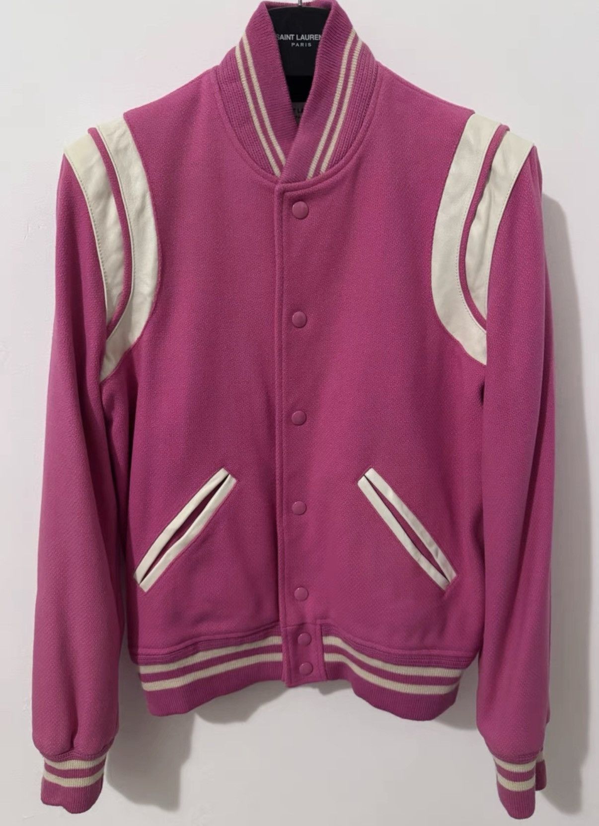 Saint Laurent 16FW Leather-Paneled White/Pink Varsity Jacket