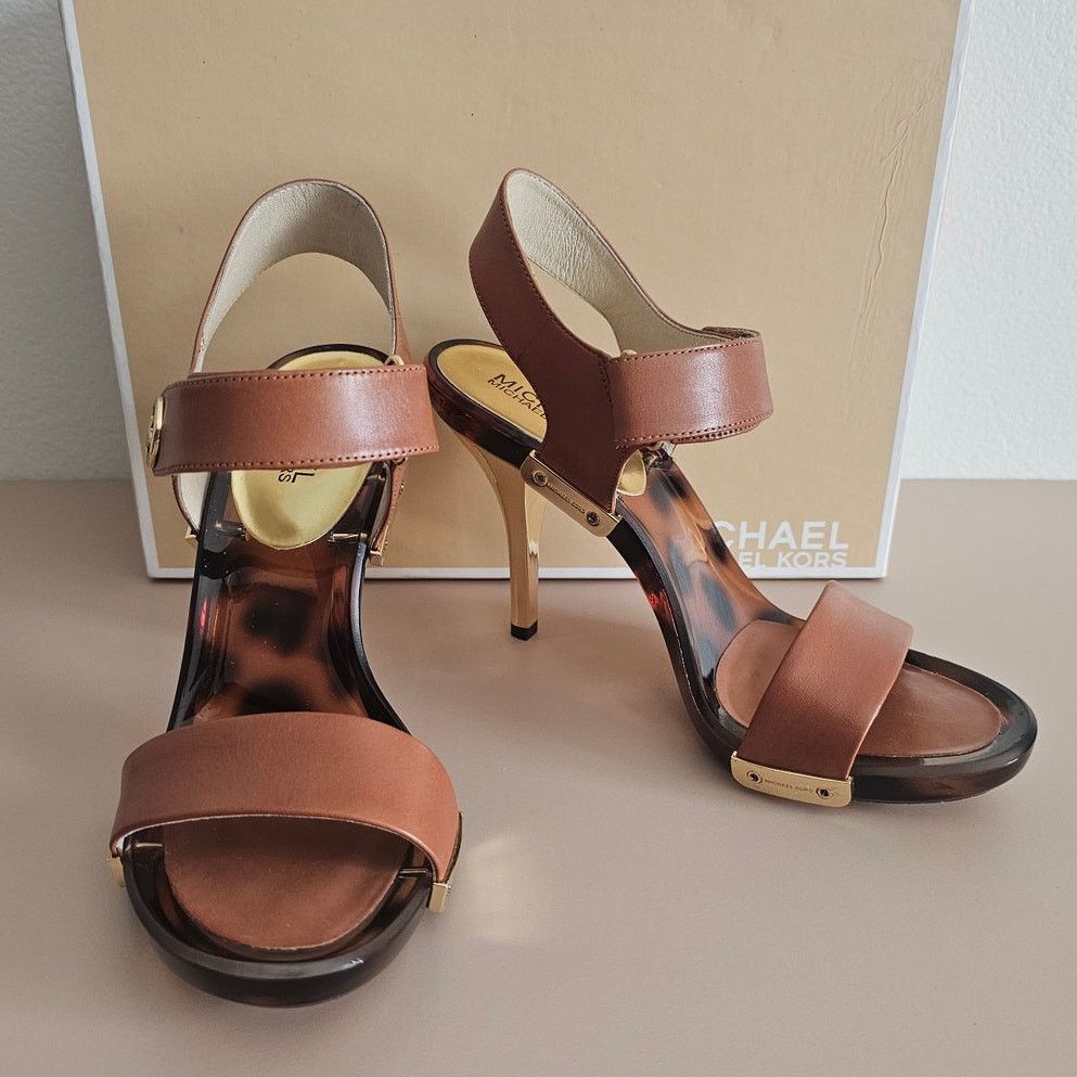 Michael Kors Leather Tortoise Brown Lani Sandals Heel Shoes 7.5, Women's