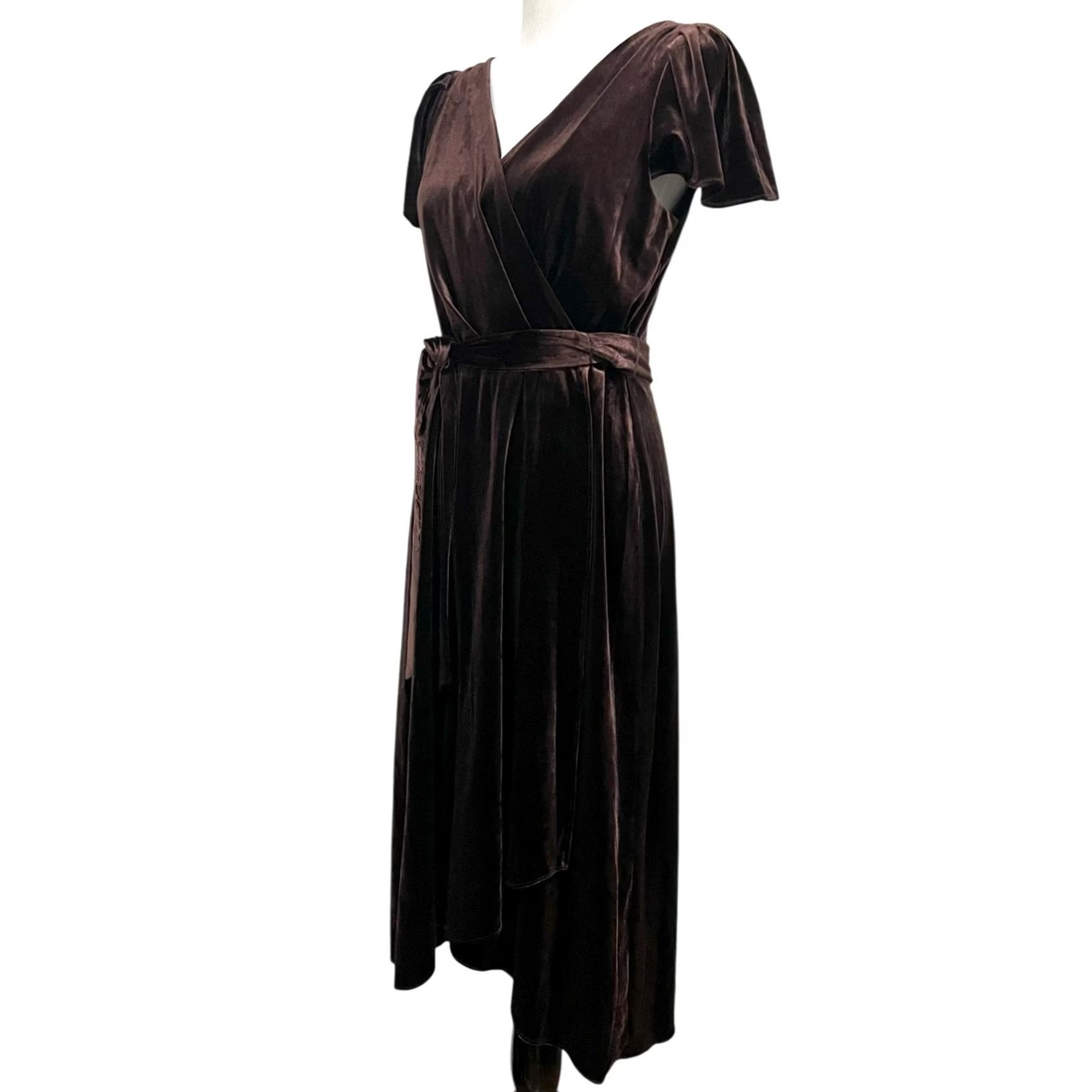 DKNY DKNY Womens Brown Velvet Faux-Wrap Flutter Sleeve Midi Belted Dress 10 Women’s Party Formal Velvet Maxi Wrap Dress Size L / US 10 / IT 46 - 5 Thumbnail