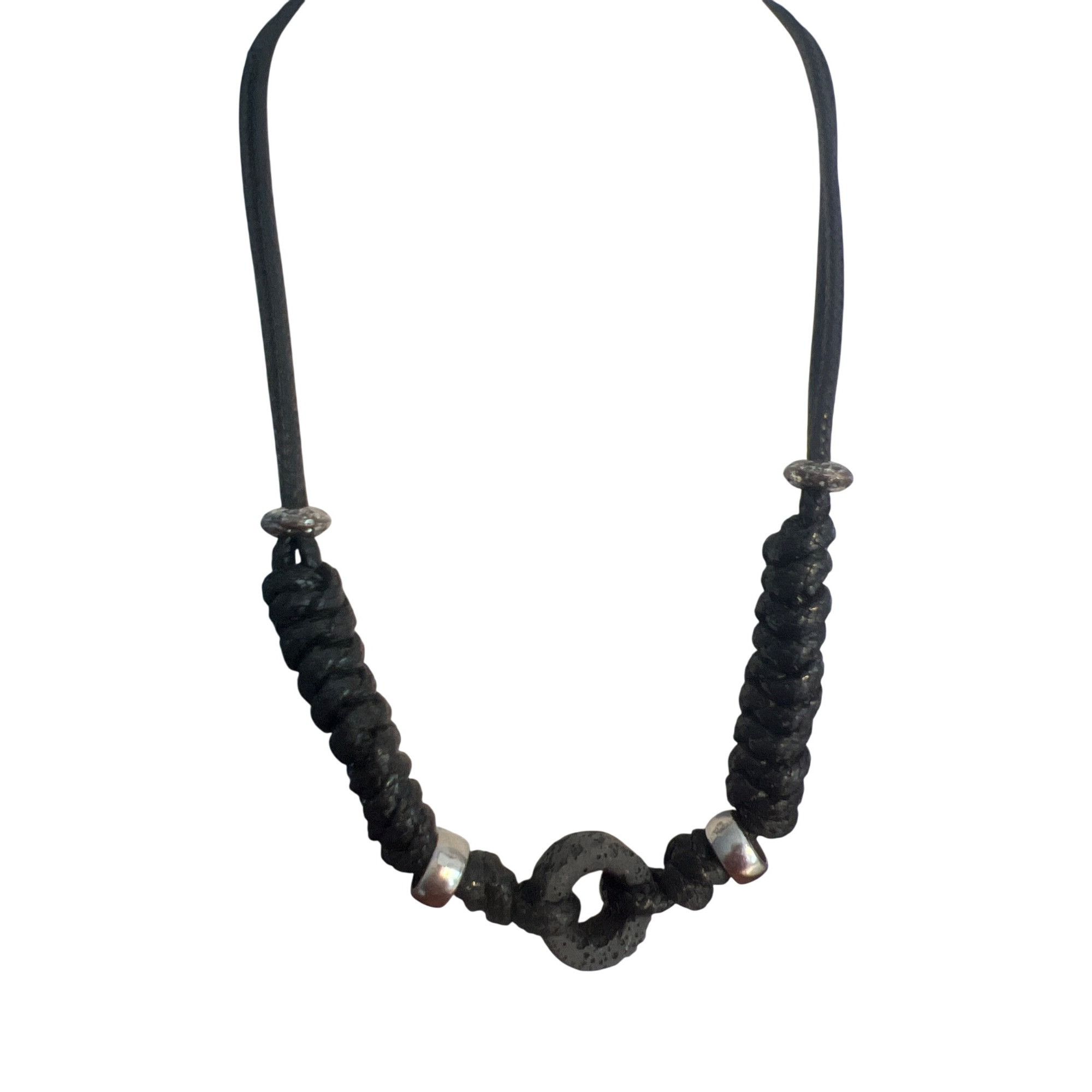 Other Black Braided Necklace Lava Rock Silver Tone Beads Button Cl Size ONE SIZE - 1 Thumbnail