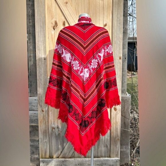 Other Vintage Red Knit Aztec Southwest Fish Fringe Poncho w/Scarf Size ONE SIZE - 5 Thumbnail