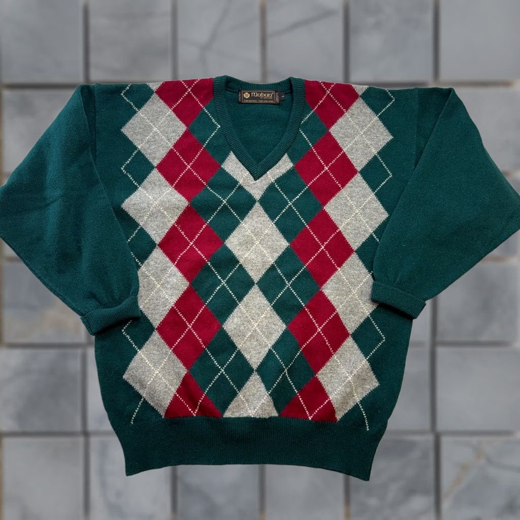 Vintage VTG Maban of Scotland Sweater Men L Green Argyle Diamond Wool Golf Old Money Knit Pullover V-Neck Regular Knit Wool Size US L / EU 52-54 / 3 - 1 Thumbnail