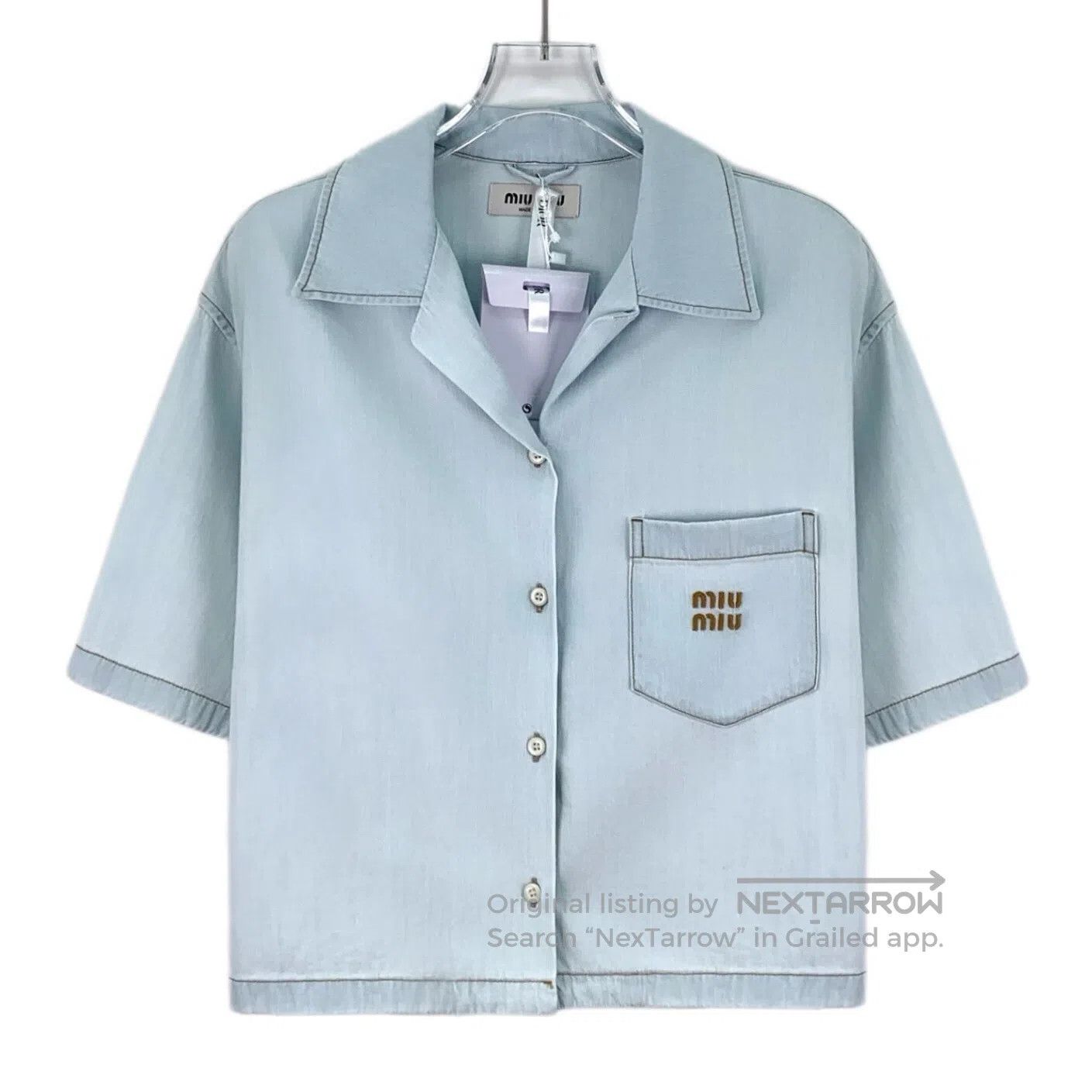 Miu Miu Miu Miu Light Blue Pocket Logo Embroidered Cotton Lapel Si Size XS / US 0-2 / IT 36-38 - 1 Thumbnail