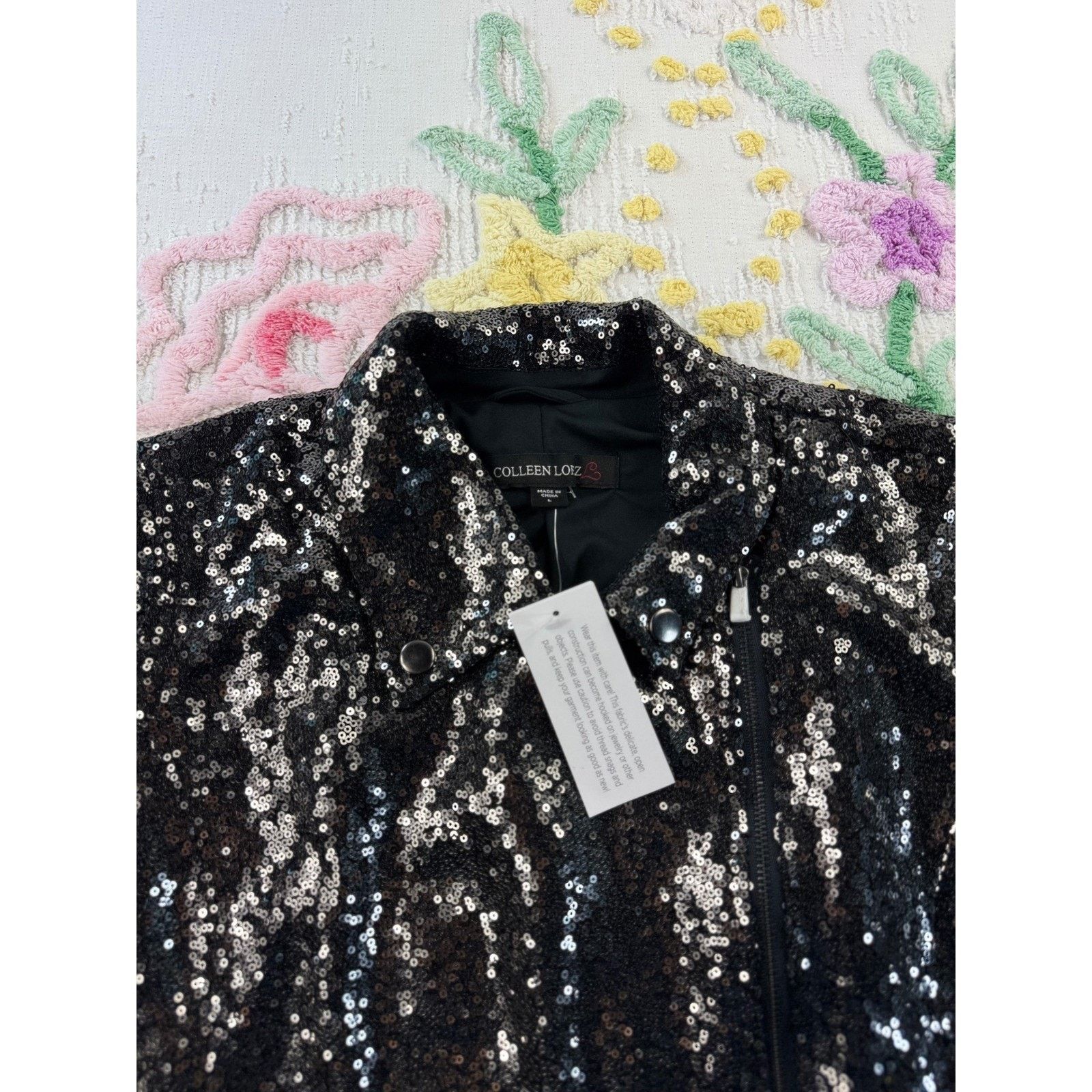 & Other Stories Colleen Lopez Womens Black Sequin Moto Jacket Asymmetrical L Size L / US 10 / IT 46 - 4 Thumbnail