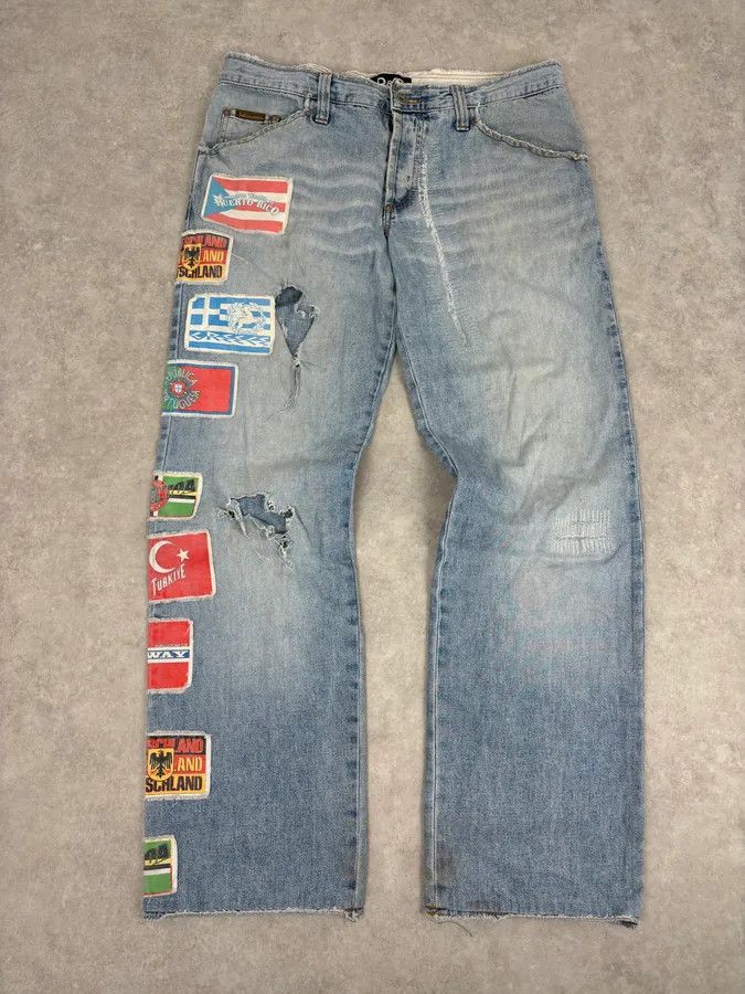 Dolce & Gabbana AW2004 Dolce & Gabbana Light Blue Distressed Patch Flag Denim Jeans Size US 32 / EU 48 - 1 Thumbnail