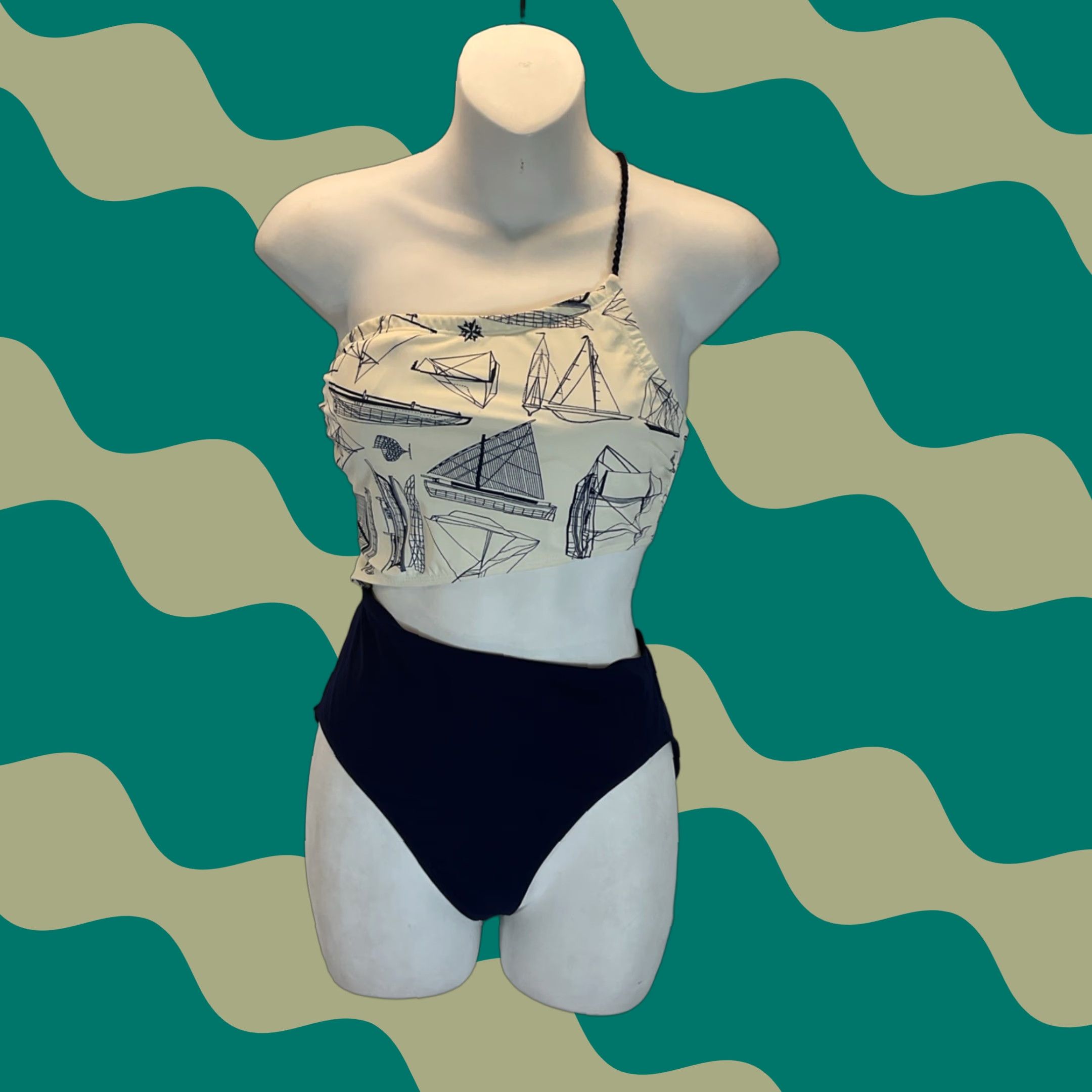Vintage Tory Burch Swimsuit Small Blue Nautical One Shoulder Mono Kini One Piece, Women's