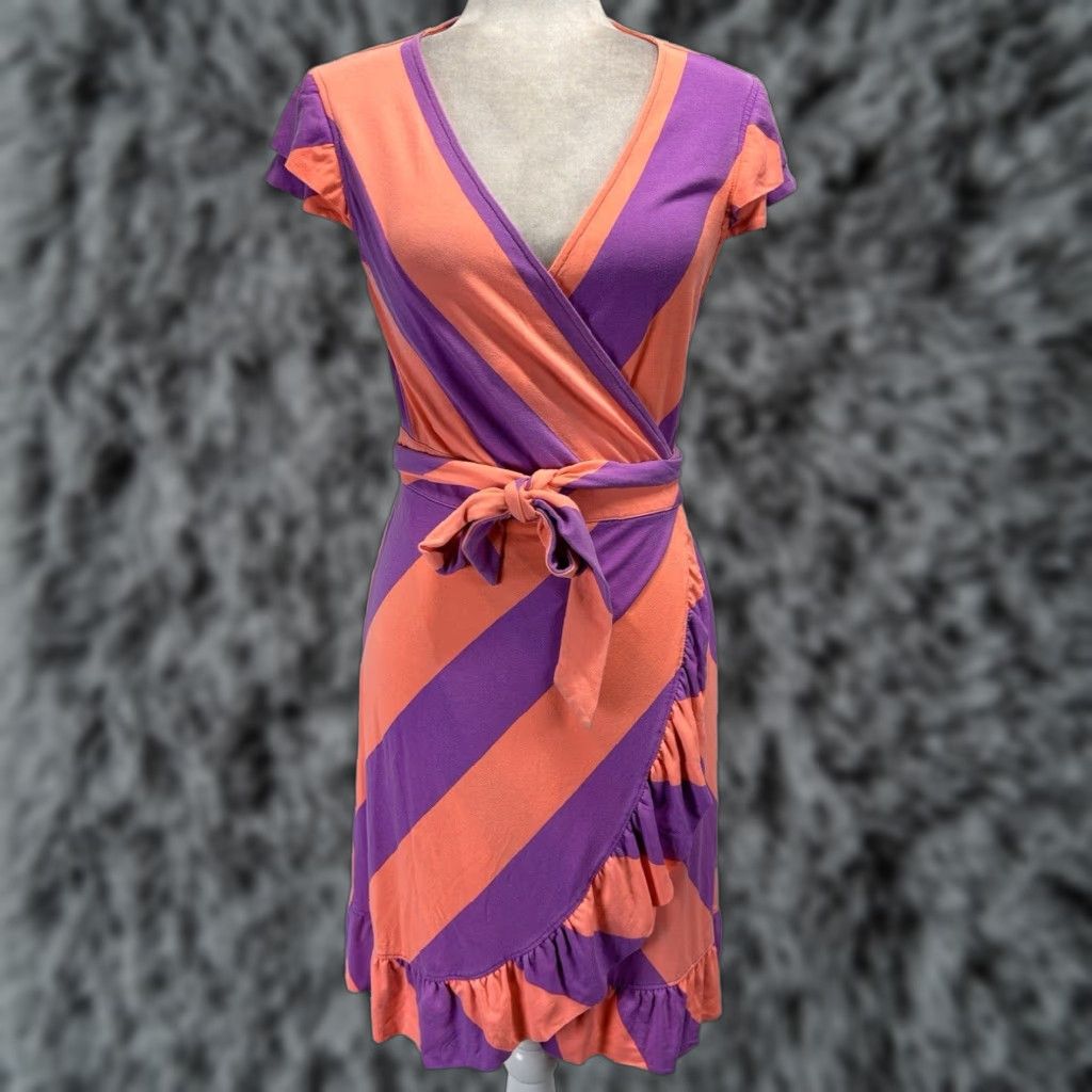 Lilly Pulitzer Lilly Pulitzer Striped Wrap Dress Medium Women's Coral Purple Ruffle Short Sleeve Size M / US 6-8 / IT 42-44 - 1 Thumbnail