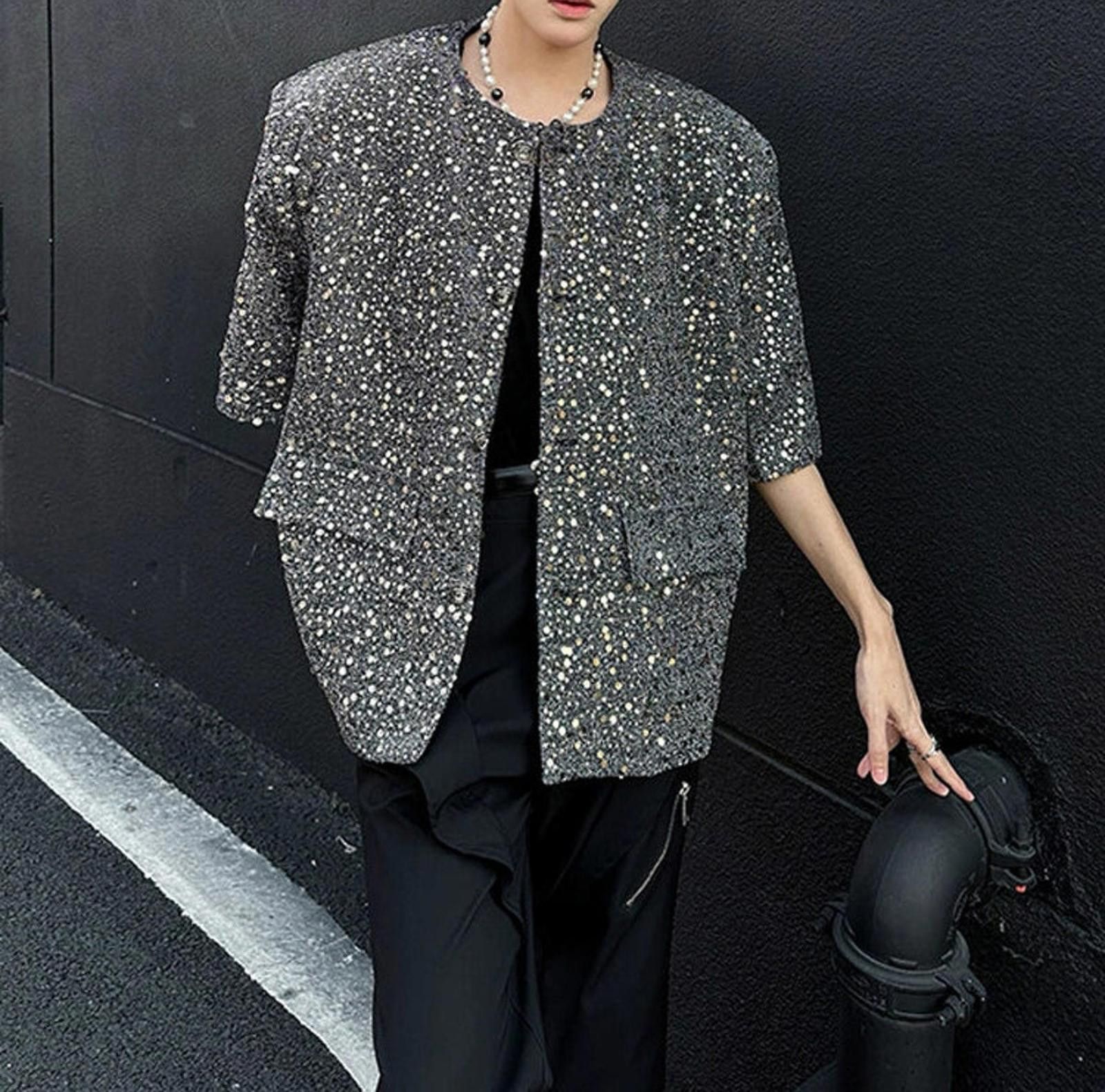 Japanese Brand Black Rhinestone Speckled Oversized Short Sleeve Jacket Size US L / EU 52-54 / 3 - 2 Thumbnail