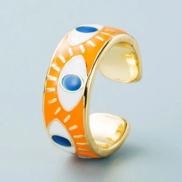 Jewelry Orange Enamel Engrave Turkish Evil Eye Ring Size ONE SIZE - 1 Thumbnail