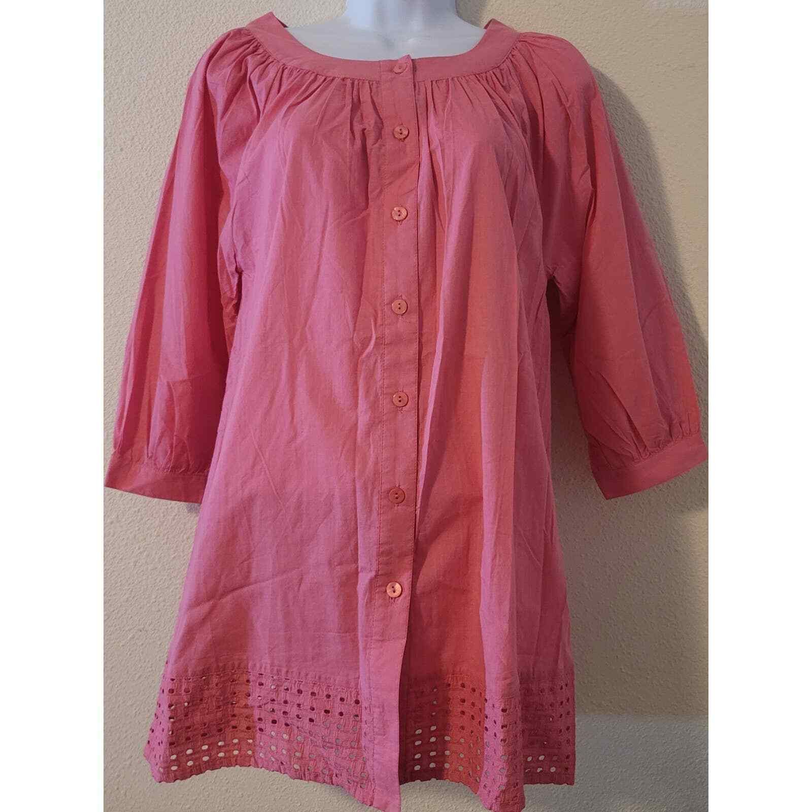 Other Susan Graver Pink Tunic Smock Button Shirt XS Eyelet Hem Size XS / US 0-2 / IT 36-38 - 1 Thumbnail