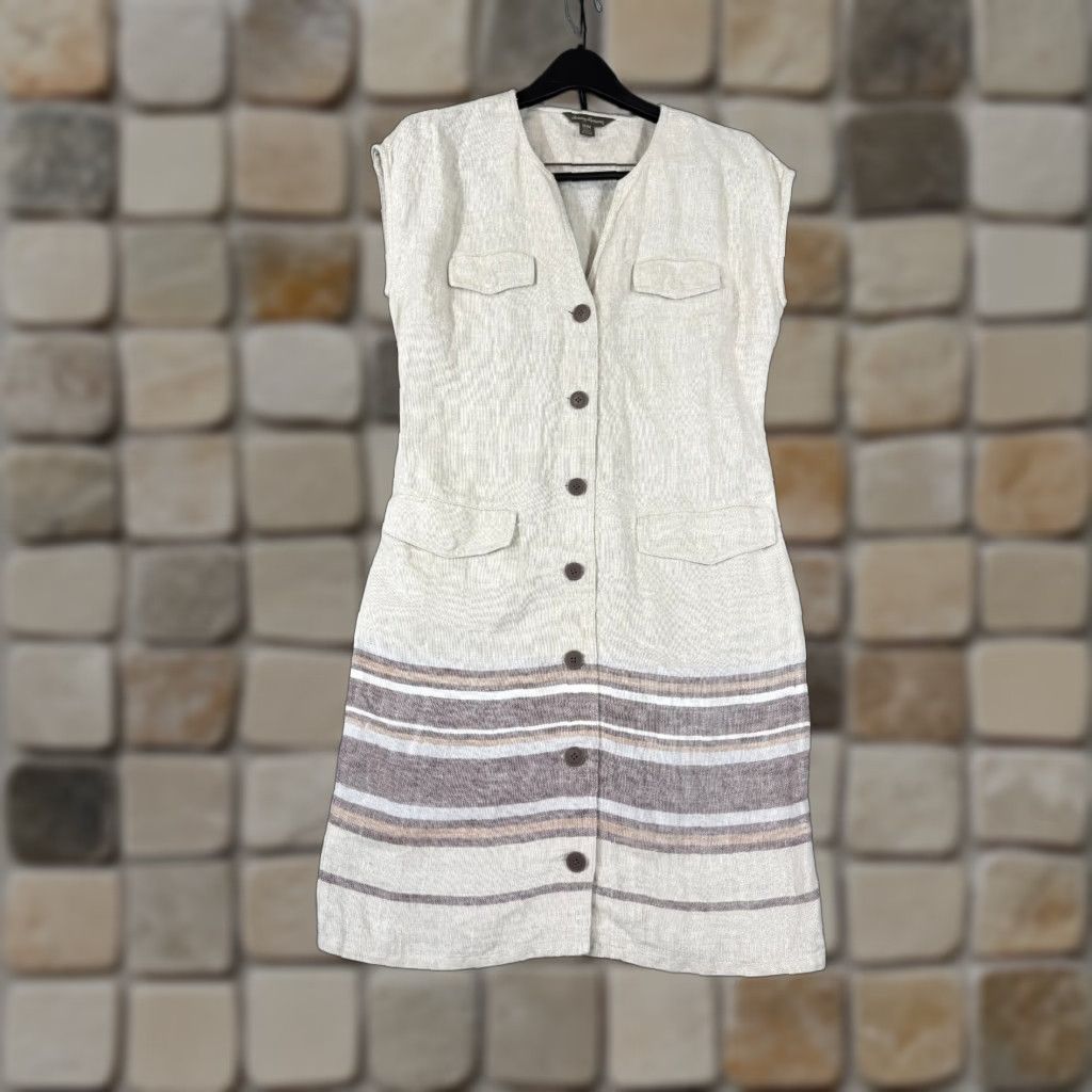 Tommy Bahama Tommy Bahama Linen Dress Womens M Beige Malene Stripe Pockets Button Front Dress Size M / US 6-8 / IT 42-44 - 1 Thumbnail