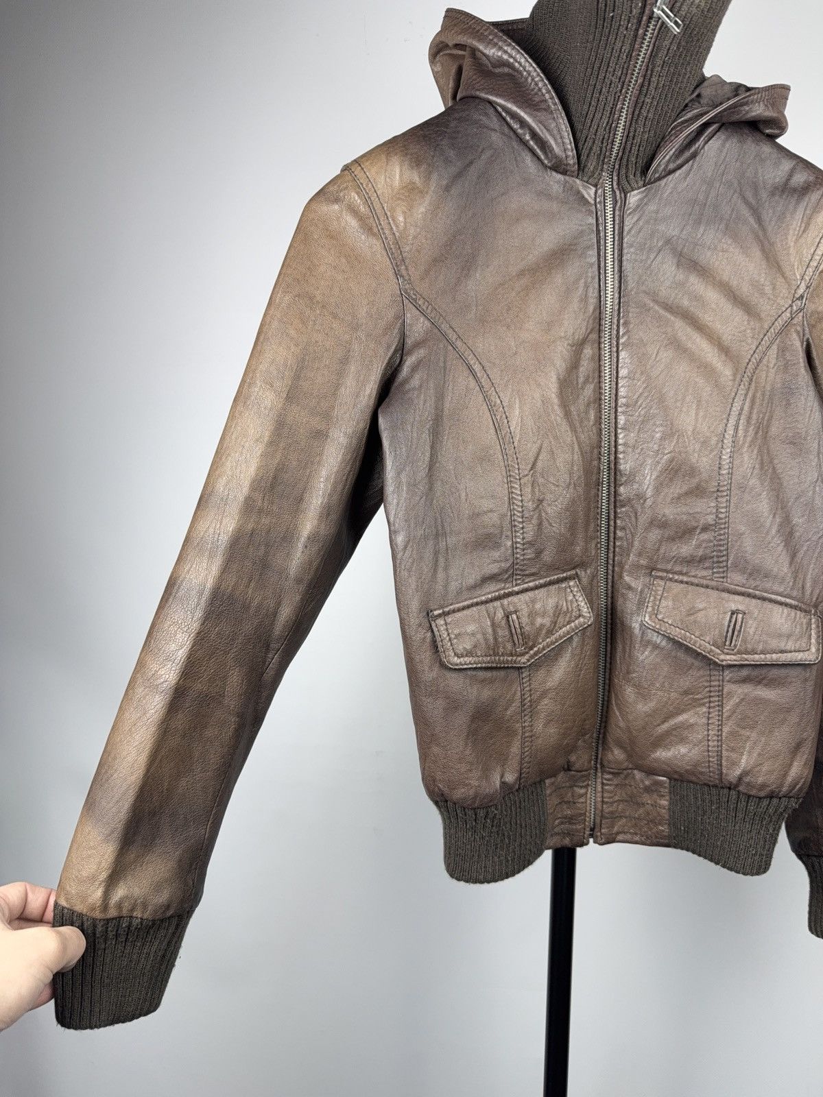 Japanese Brand 90s Retro Avant Garde Brown Leather Hooded Aviator Jacket Size XS / US 0-2 / IT 36-38 - 4 Thumbnail