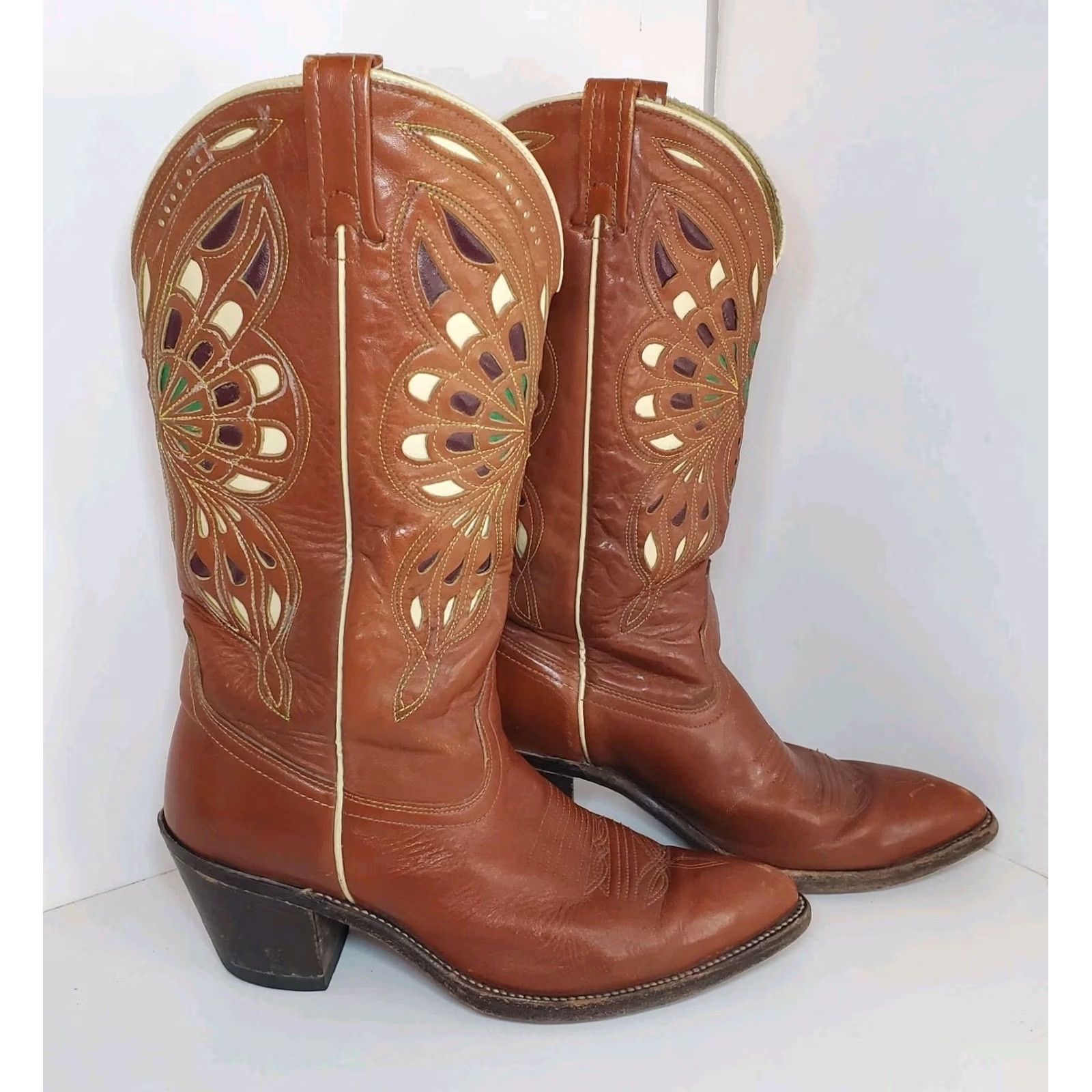 Vintage VINTAGE Acme Butterfly Inlay Brown Red Mens 9/W10.5 Cowboy Western Boots Mid-Calf Leather Pointed Toe Pull On 1950s Limited Edition Size US 9 / IT 39 - 4 Thumbnail